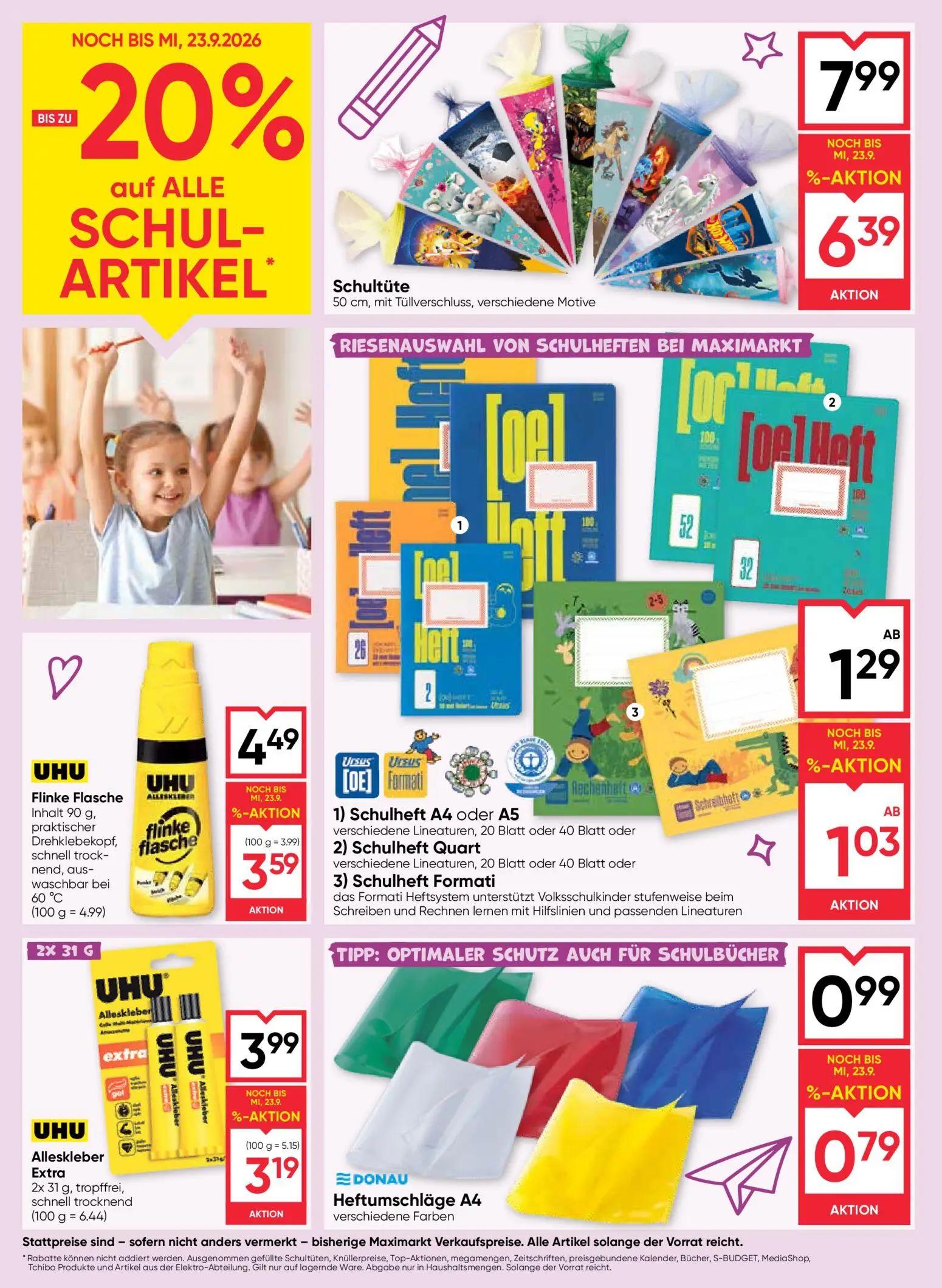 Maximarkt Prospekt, Seite 20 von 24 — Schultüte, UHU Flinke Flasche, UHU Alleskleber Extra