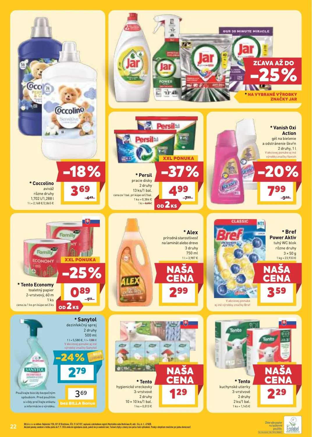 Billa leták, strana 22 z 31 — Persil pracie disky, Vanish Oxi Action gél na bielenie a odstránenie škvŕn, Sanytol dezinfekčn…