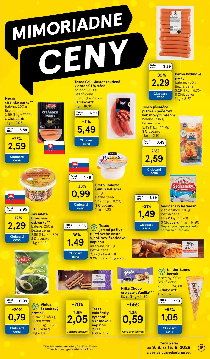 Tesco leták, strana 15 z 46 — Kinder Bueno kornút, Tesco jemné pečivo z lístkového cesta s jablkovo-škoricovou náplňou, Milk…