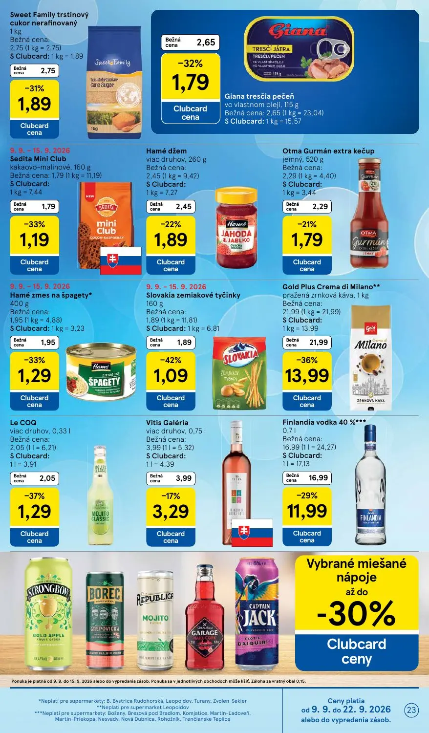 Tesco Supermarket leták, strana 23 z 26 — Gold Plus Crema di Milano pražená zrnková káva, Sweet Family trstinový cukor neraf…