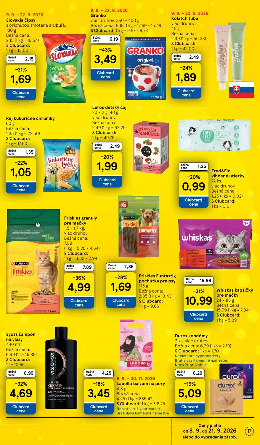 Tesco leták, strana 17 z 46 — Whiskas kapsičky pre mačky, Friskies granuly pre mačky viac druhov, Friskies Funtastix pochúťk…