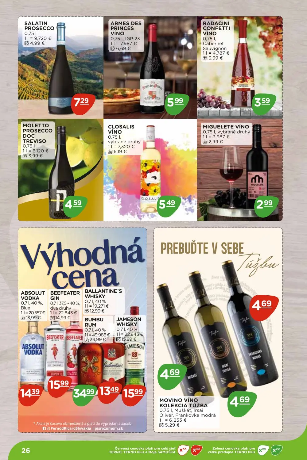 Terno leták, strana 26 z 36 — BEEFEATER GIN dva druhy, BUMBU RUM, ARMES DES PRINCES VÍNO