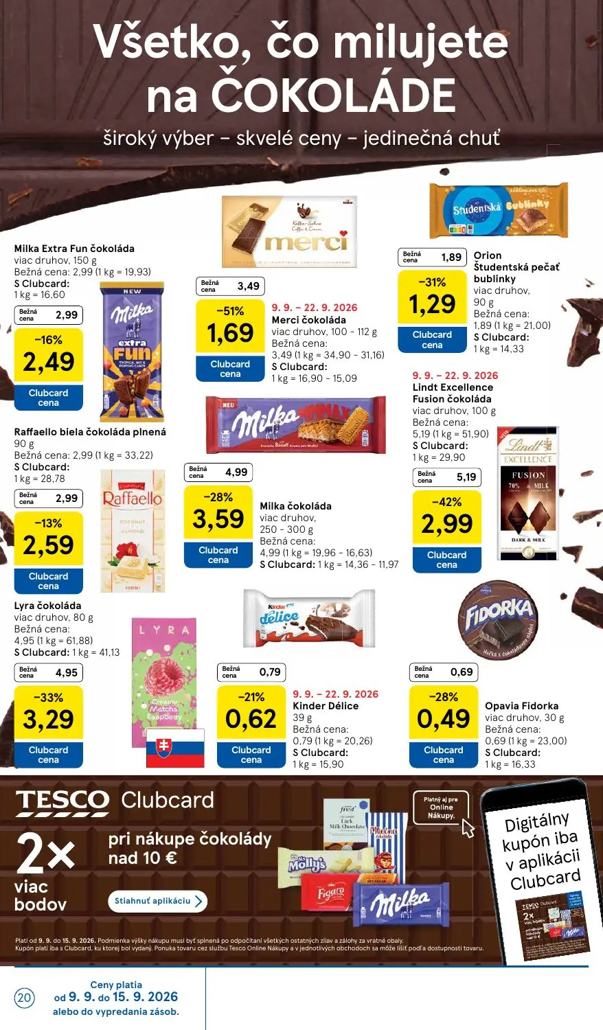Tesco leták, strana 20 z 46 — Lindt Excellence Fusion čokoláda, Merci čokoláda, Lyra čokoláda
