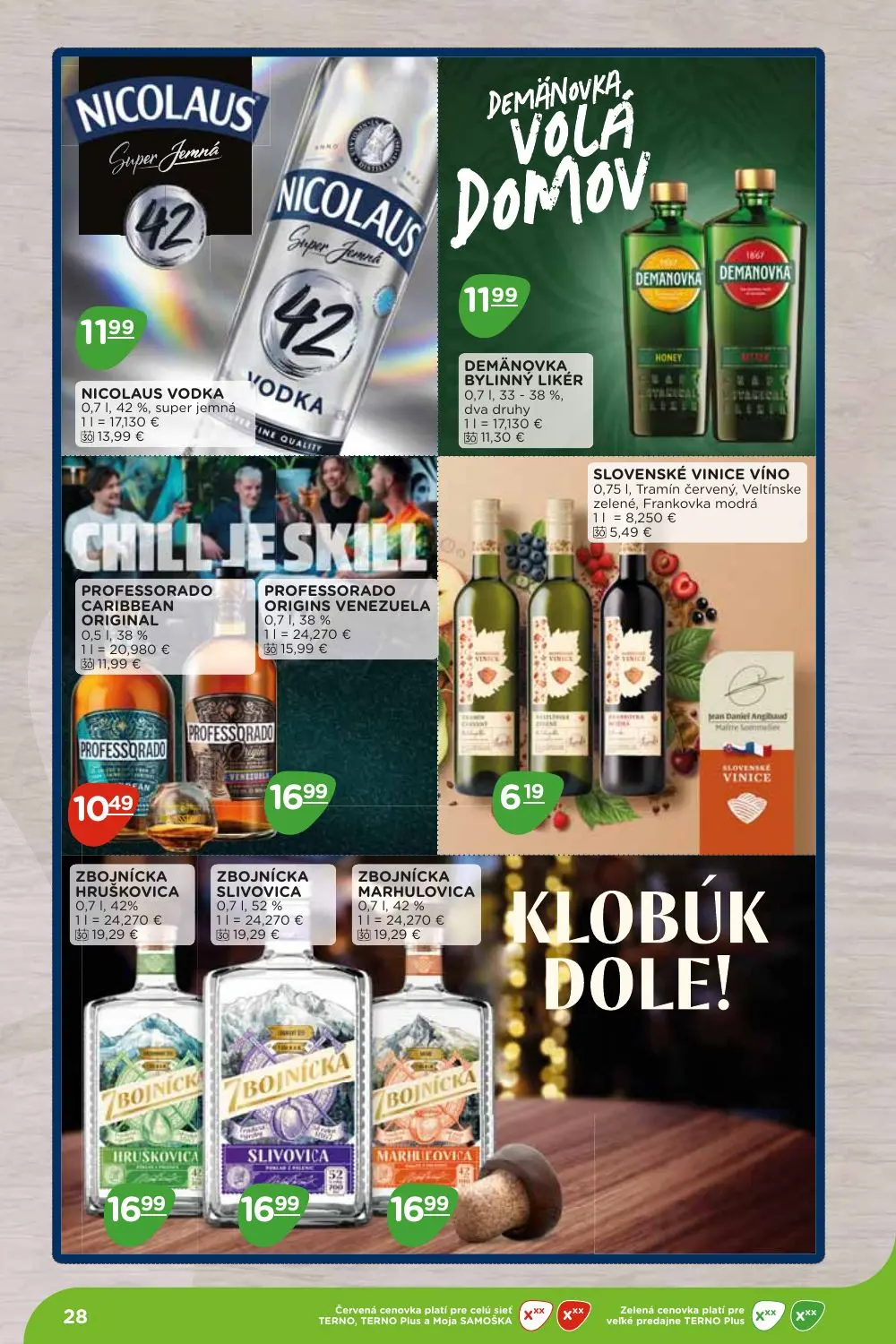 Terno leták, strana 28 z 36 — NICOLAUS VODKA super jemná, DEMÄNOVKA BYLINNÝ LIKÉR dva druhy, PROFESSORADO CARIBBEAN ORIGINAL
