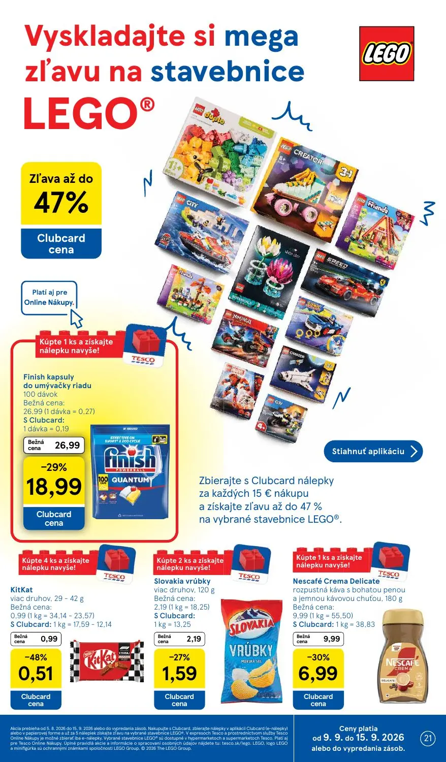 Tesco leták, strana 21 z 46 — Finish kapsuly do umývačky riadu, Nescafé Crema Delicate rozpustná káva, KitKat