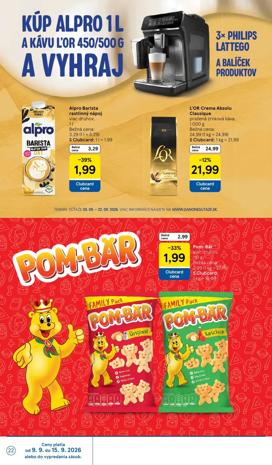 Tesco leták, strana 22 z 46 — L'OR Crema Absolu Classique pražená zrnková káva, Alpro Barista rastlinný nápoj viac druhov, P…