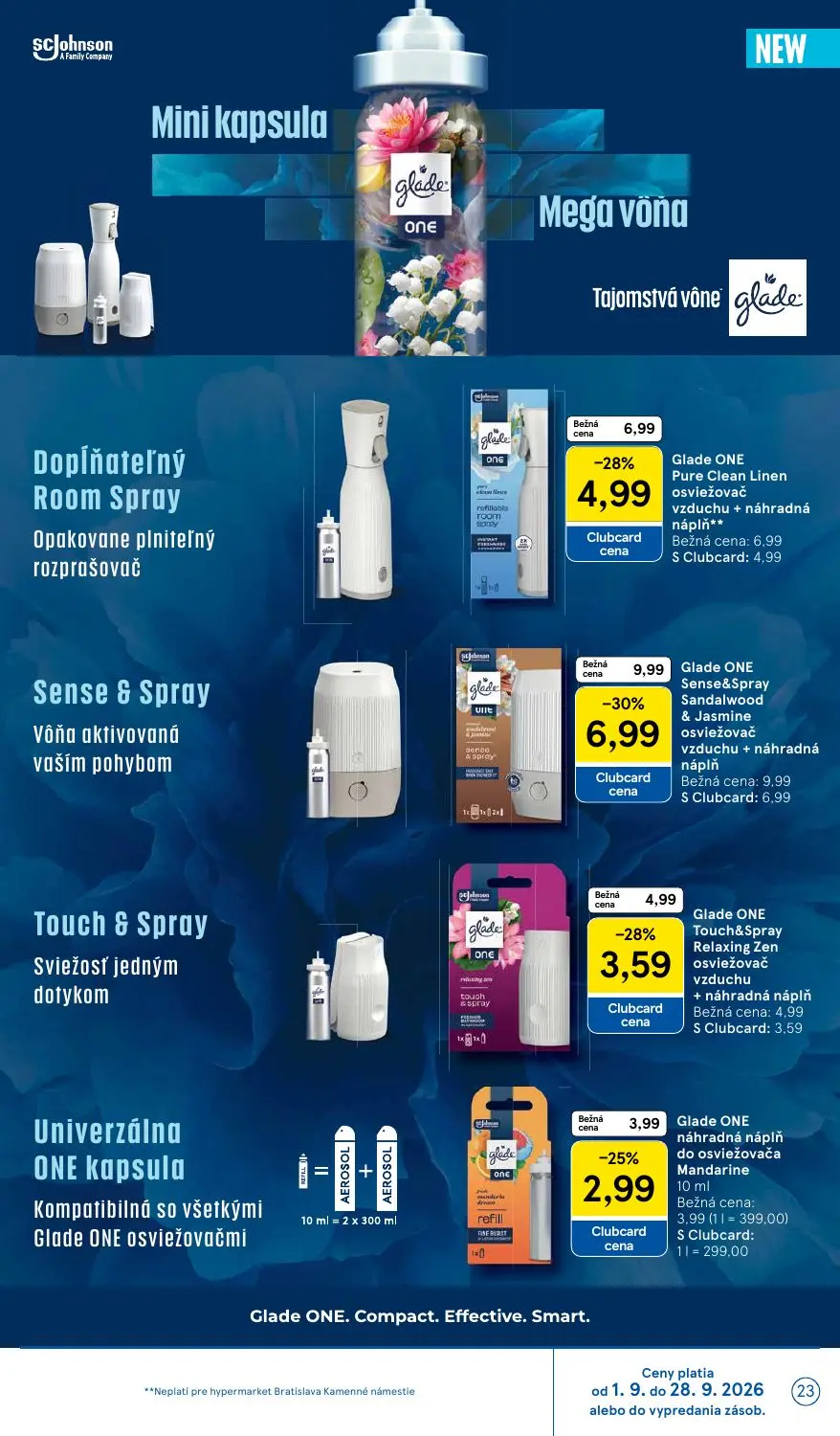 Tesco leták, strana 23 z 46 — Glade ONE Sense&Spray Sandalwood & Jasmine osviežovač vzduchu + náhradná náplň, Glade ONE Pure…