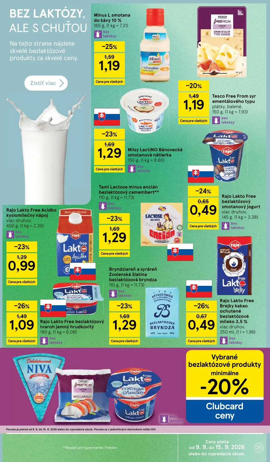 Tesco leták, strana 25 z 46 — Minus L smotana do kávy 10%, Milsy LactiNO Bánovecká smotanová nátierka, Tami Lactose mínus en…