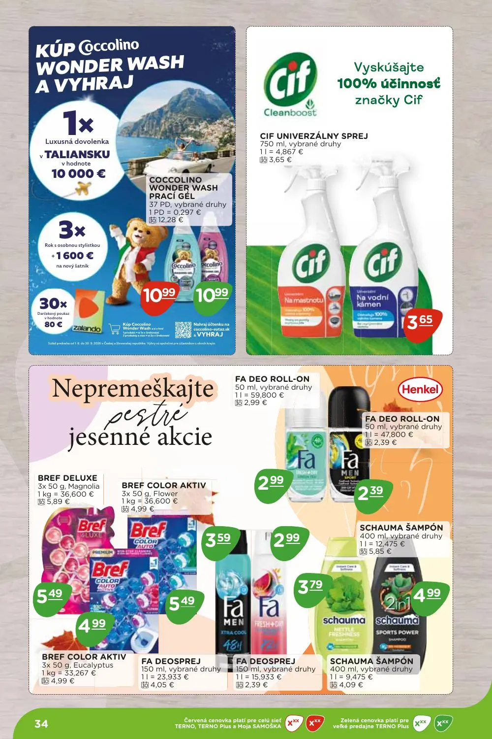 Terno leták, strana 34 z 36 — COCCOLINO WONDER WASH PRACÍ GÉL, SCHAUMA ŠAMPÓN, FA DEOSPREJ