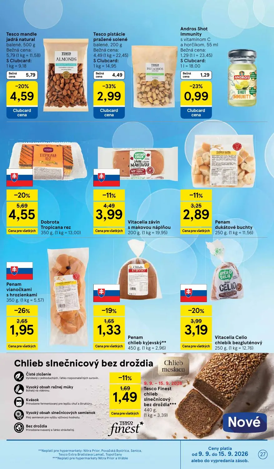 Tesco leták, strana 27 z 46 — Dobrota Tropicana rez, Vitacelia Celio chlebík bezgluténový, Penam vianočkami s hrozienkami
