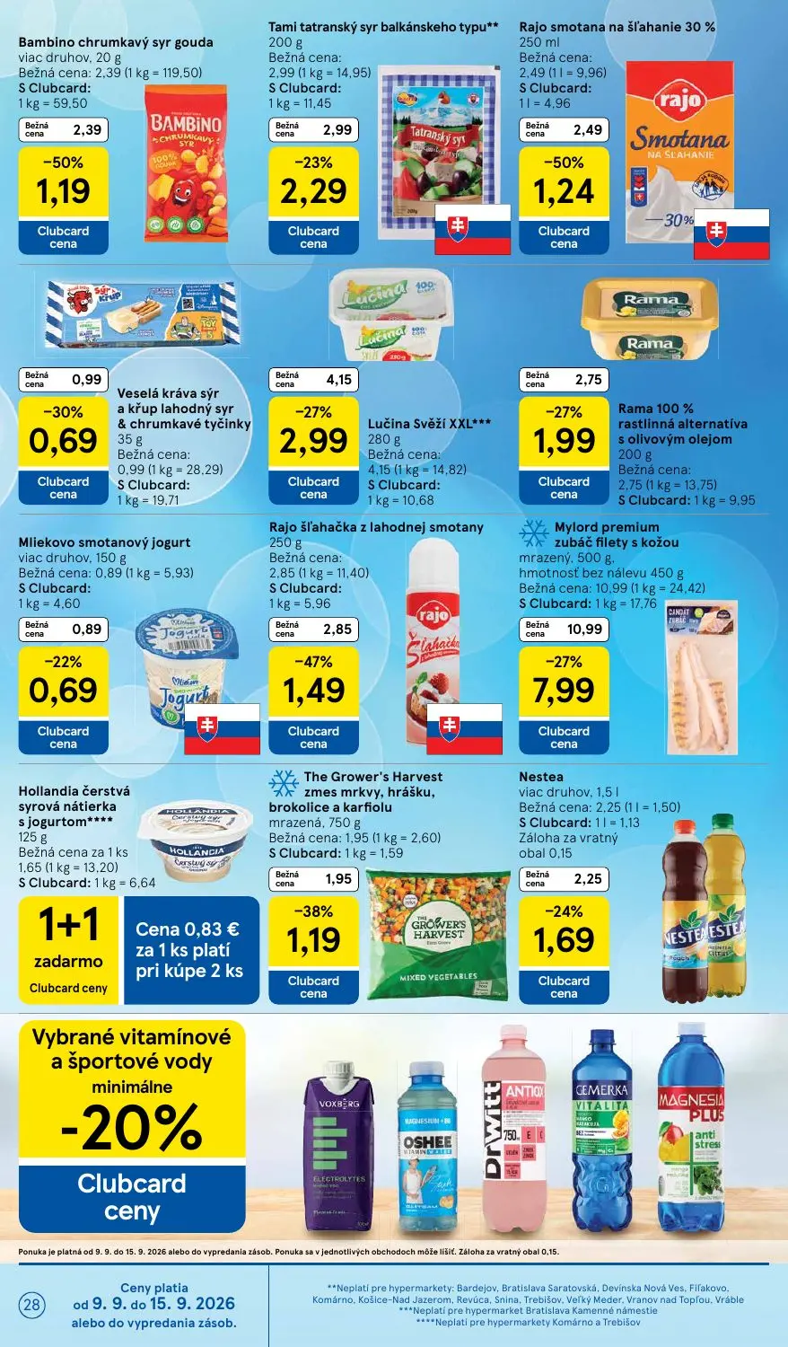 Tesco leták, strana 28 z 46 — Bambino chrumkavý syr gouda viac druhov, Lučina Svěží XXL***, Rama 100% rastlinná alternatíva …