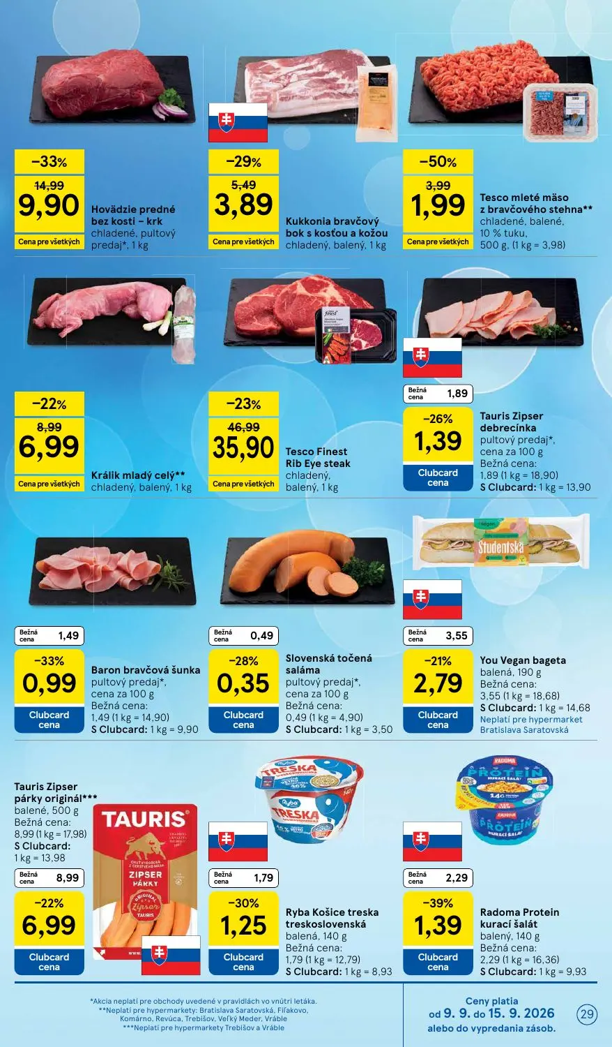 Tesco leták, strana 29 z 46 — Tesco Finest Rib Eye steak chladený, balený, Hovädzie predné bez kosti - krk chladené, pultový…