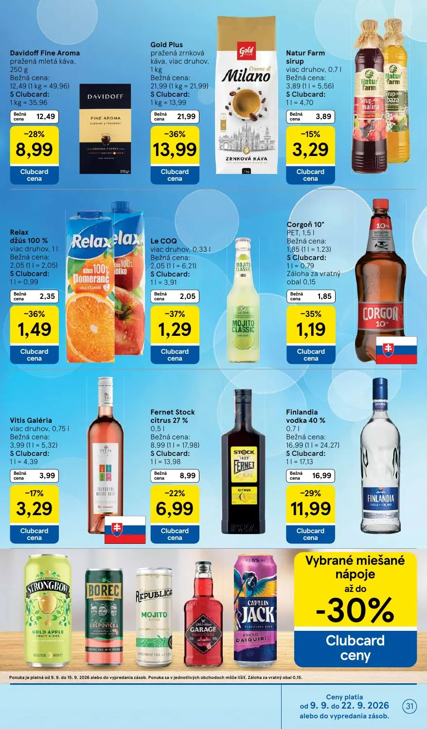 Tesco leták, strana 31 z 46 — Gold Plus pražená zrnková káva, viac druhov, Davidoff Fine Aroma pražená mletá káva, Corgoň 10…