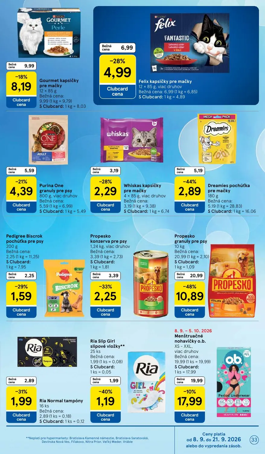 Tesco leták, strana 33 z 46 — Propesko granuly pre psy, Dreamies pochúťka pre mačky, Felix kapsičky pre mačky
