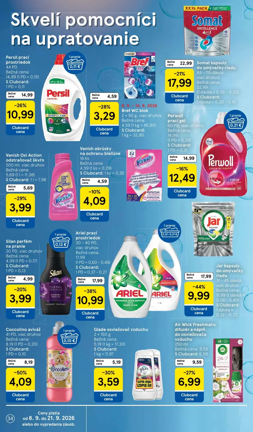 Tesco leták, strana 34 z 46 — Jar kapsuly do umývačky riadu, Ariel prací prostriedok, Somat kapsuly do umývačky riadu