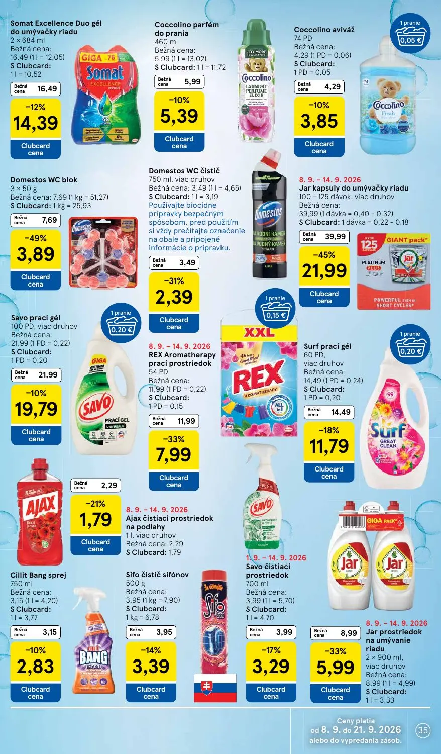Tesco leták, strana 35 z 46 — Jar kapsuly do umývačky riadu, Domestos WC blok, Somat Excellence Duo gél do umývačky riadu