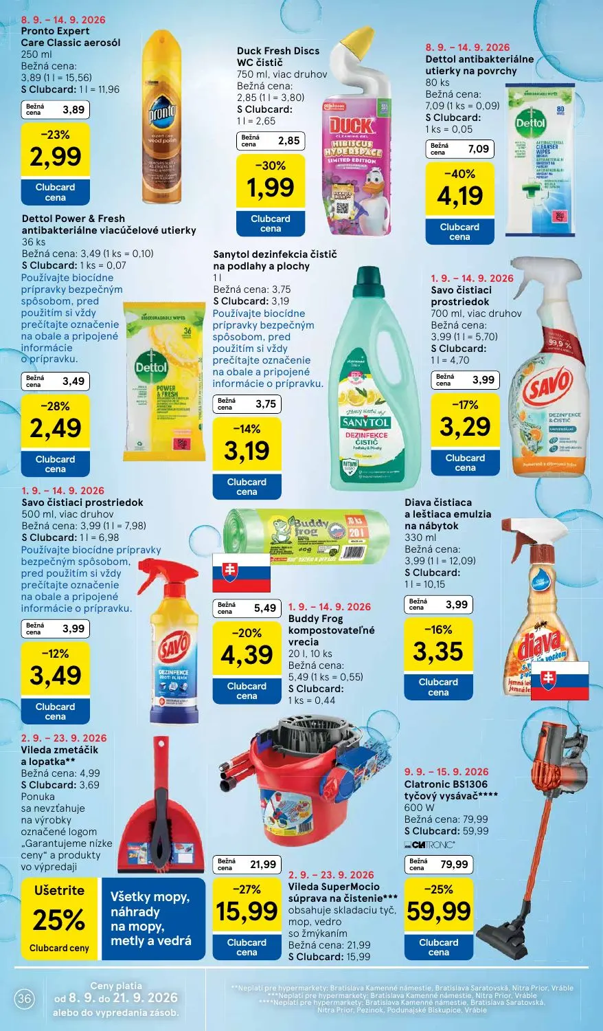 Tesco leták, strana 36 z 46 — Clatronic BS1306 tyčový vysávač, Vileda SuperMocio súprava na čistenie, Dettol antibakteriálne…