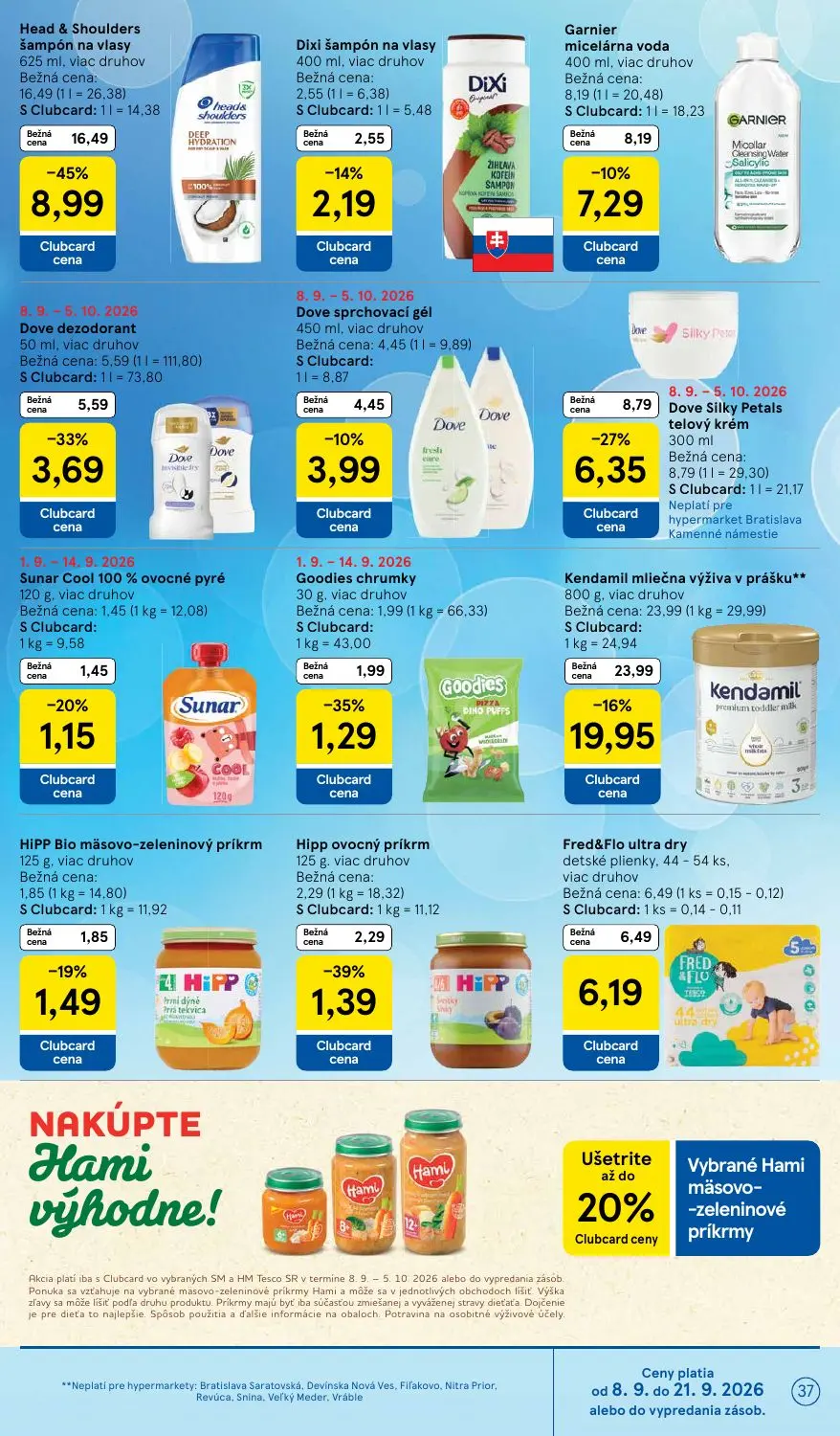 Tesco leták, strana 37 z 46 — Head & Shoulders šampón na vlasy, Kendamil mliečna výživa v prášku, Dove Silky Petals telový k…