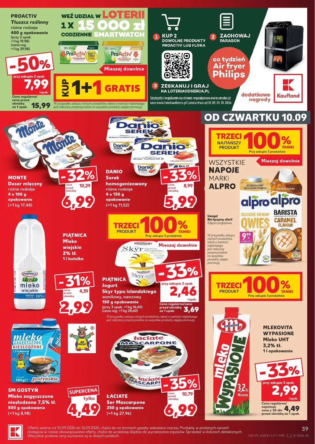 Kaufland gazetka, strona 39 z 65 — MONTE Deser mleczny, DANIO Serek homogenizowany, PIĄTNICA Jogurt Skyr typu islandzkiego w…