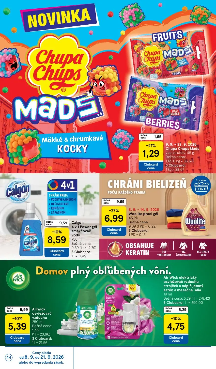 Tesco leták, strana 44 z 46 — Airwick osviežovač vzduchu, Air Wick elektrický osviežovač vzduchu strojček a náplň jemný saté…
