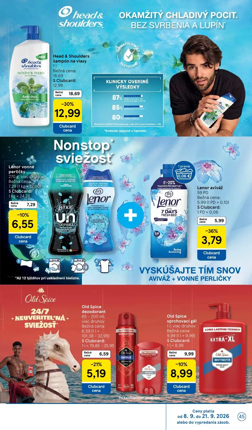 Tesco leták, strana 45 z 46 — Head & Shoulders šampón na vlasy, Lenor aviváž, Old Spice dezodorant