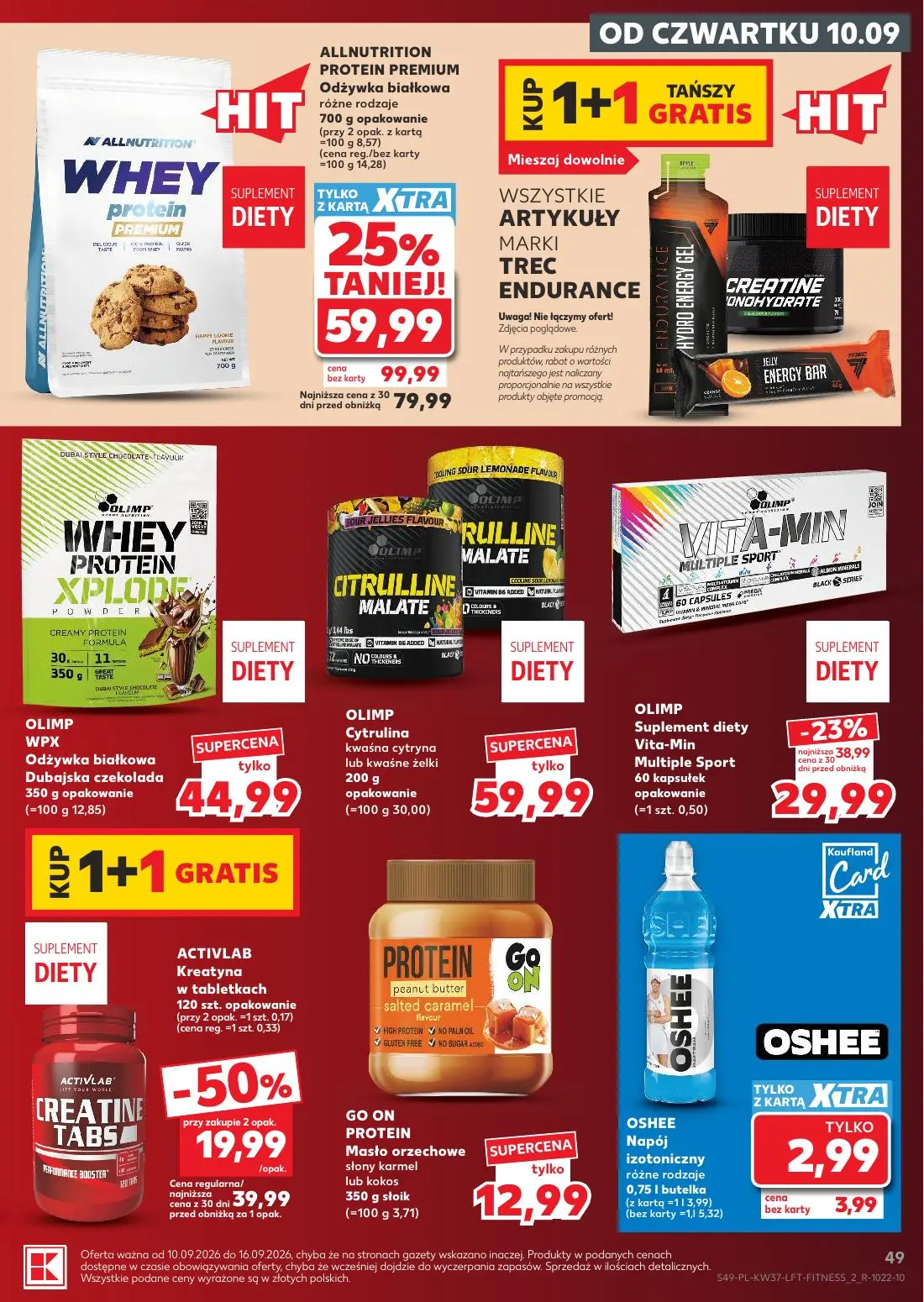 Kaufland gazetka, strona 49 z 65 — ALLNUTRITION PROTEIN PREMIUM Odżywka białkowa różne rodzaje, ACTIVLAB Kreatyna w tabletka…