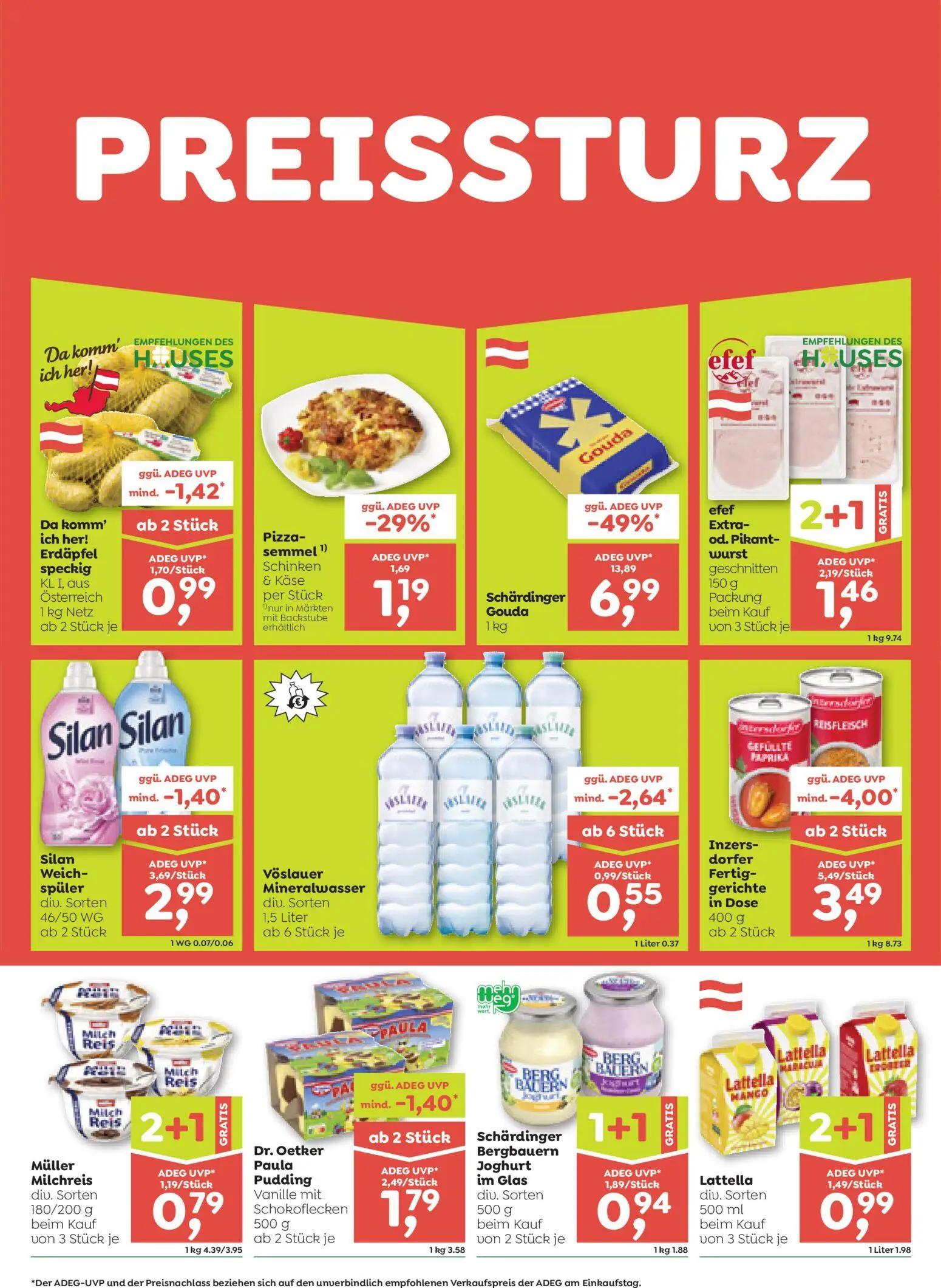 ADEG Prospekt, Seite 2 von 8 — Schärdinger Gouda, Inzersdorfer Fertiggerichte in Dose, Pizza- semmel 1) Schinken & Käse