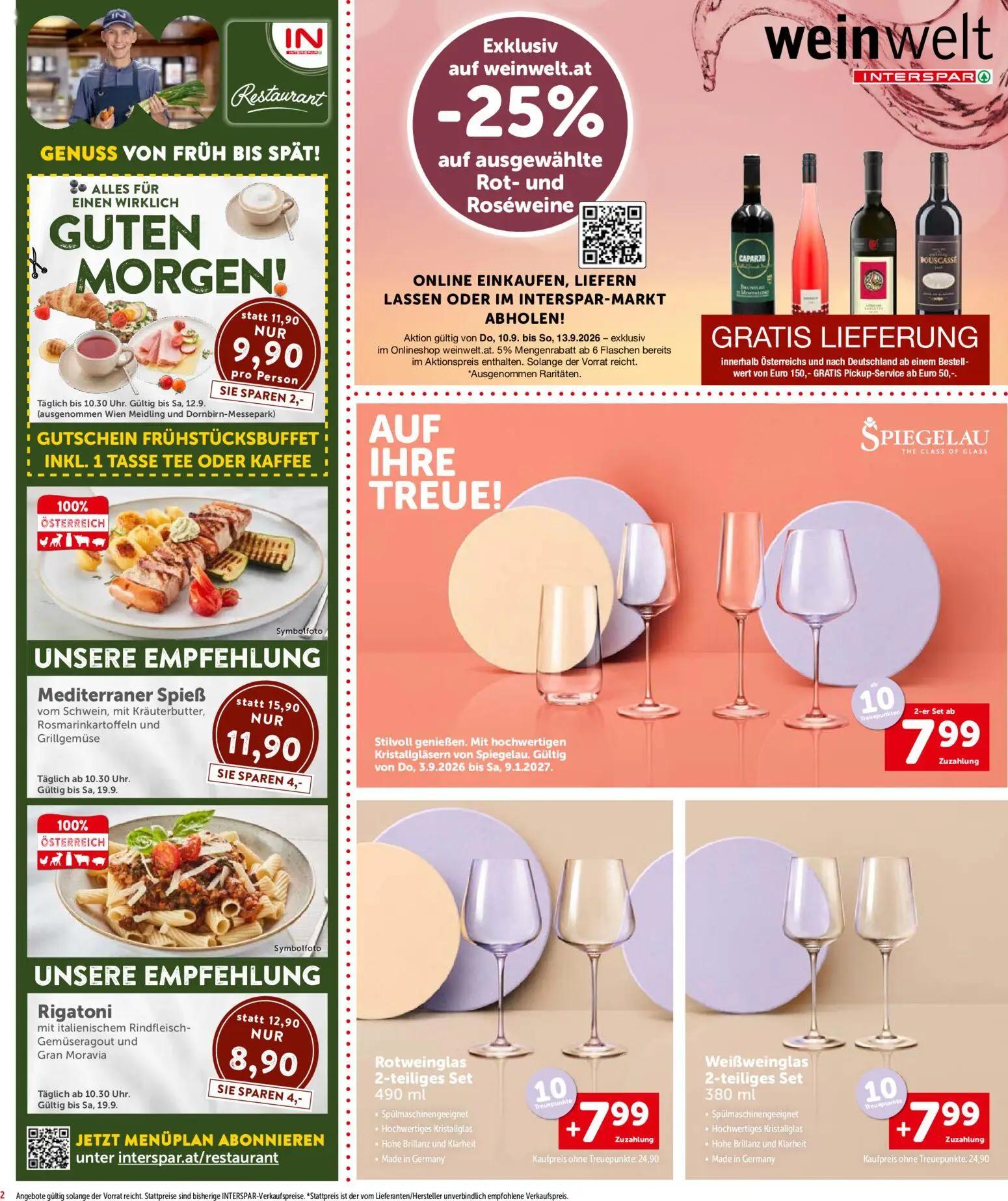 Interspar Prospekt, Seite 2 von 20 — Rotweinglas 2-teiliges Set, Weißweinglas 2-teiliges Set, Mediterraner Spieß vom Schwein…