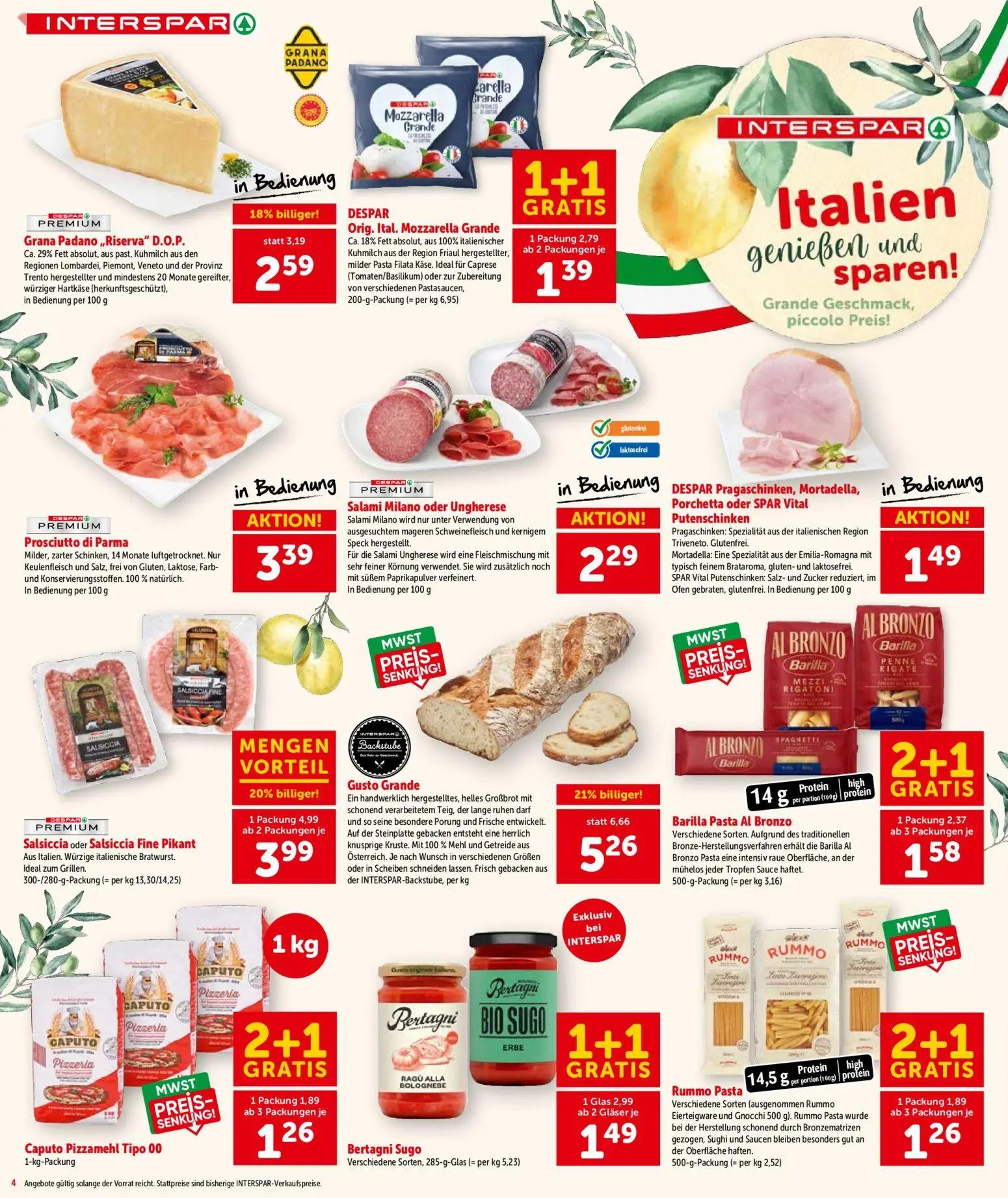 Interspar Prospekt, Seite 4 von 20 — Gusto Grande, Salsiccia oder Salsiccia Fine Pikant, Grana Padano „Riserva" D.O.P.