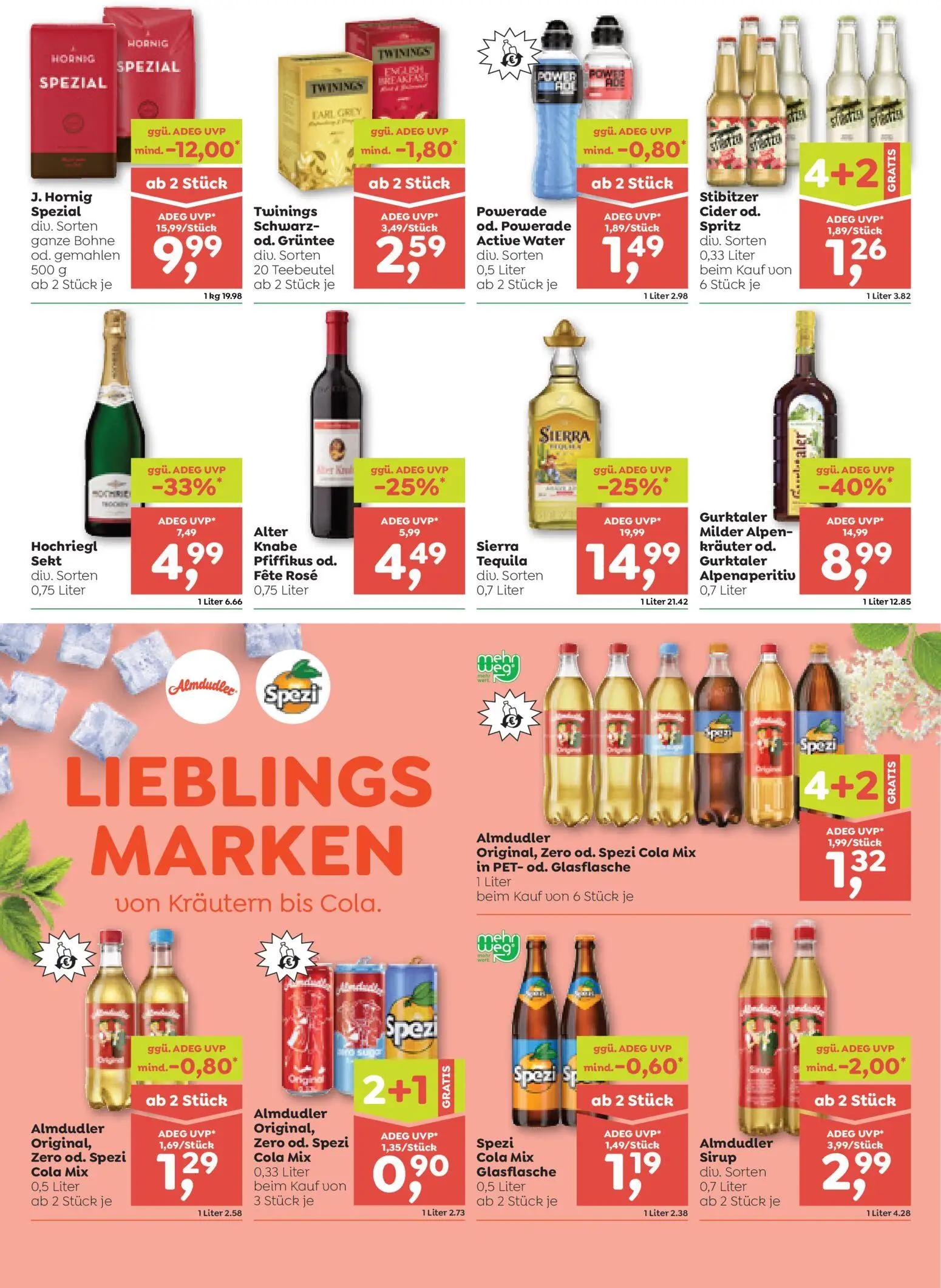 ADEG Prospekt, Seite 6 von 8 — Gurktaler Milder Alpenkräuter od. Gurktaler Alpenaperitiv, J. Hornig Spezial div. Sorten ganz…