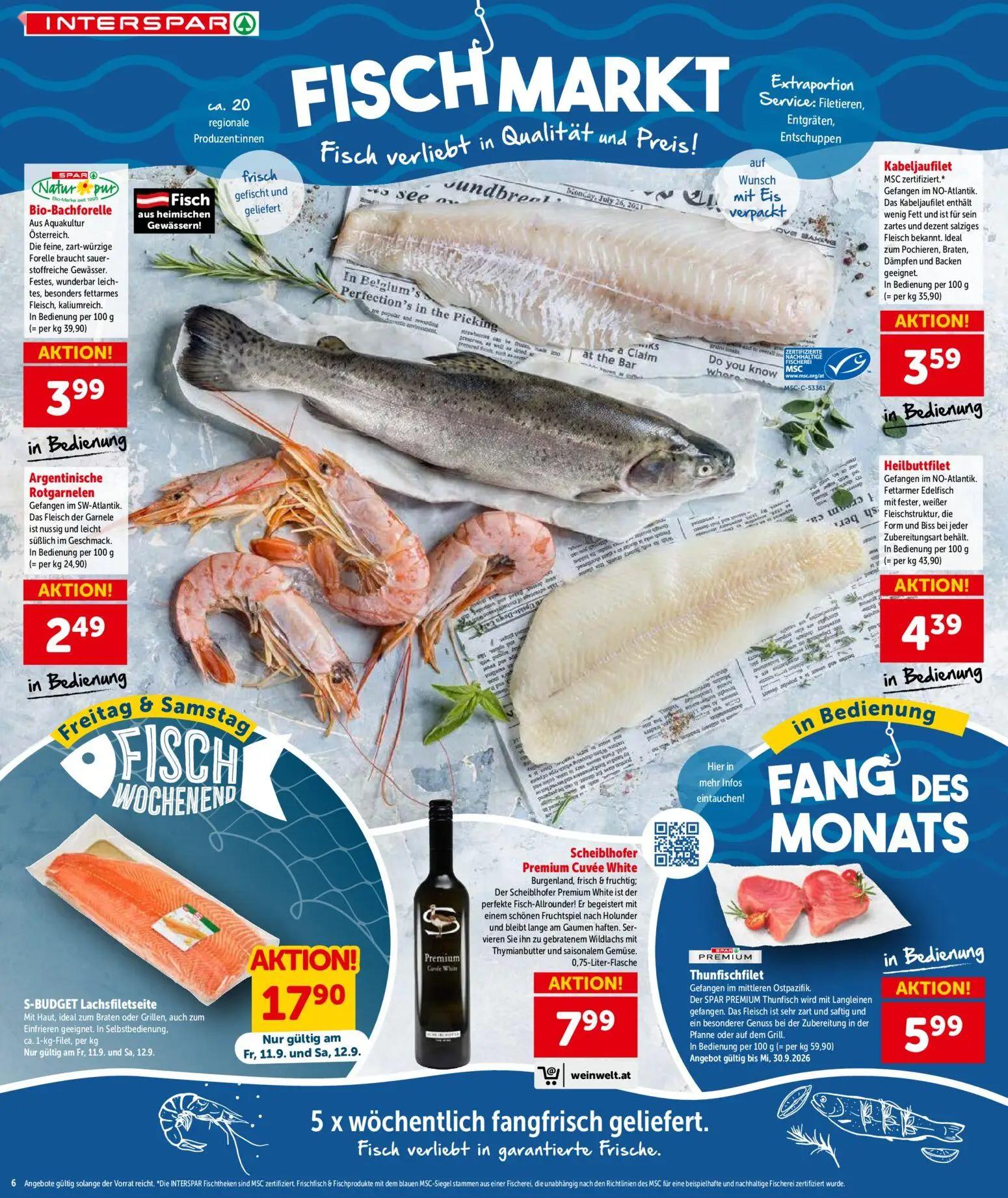 Interspar Prospekt, Seite 6 von 20 — Bio-Bachforelle, Argentinische Rotgarnelen, Kabeljaufilet MSC zertifiziert.