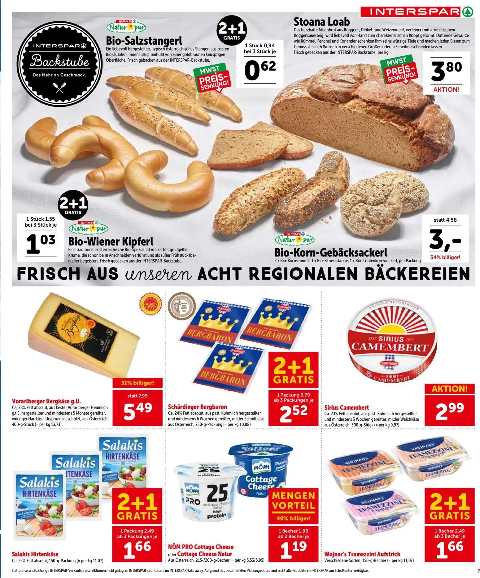 Interspar Prospekt, Seite 7 von 20 — Vorarlberger Bergkäse g.U., Bio-Korn-Gebäcksackerl, Schärdinger Bergbaron