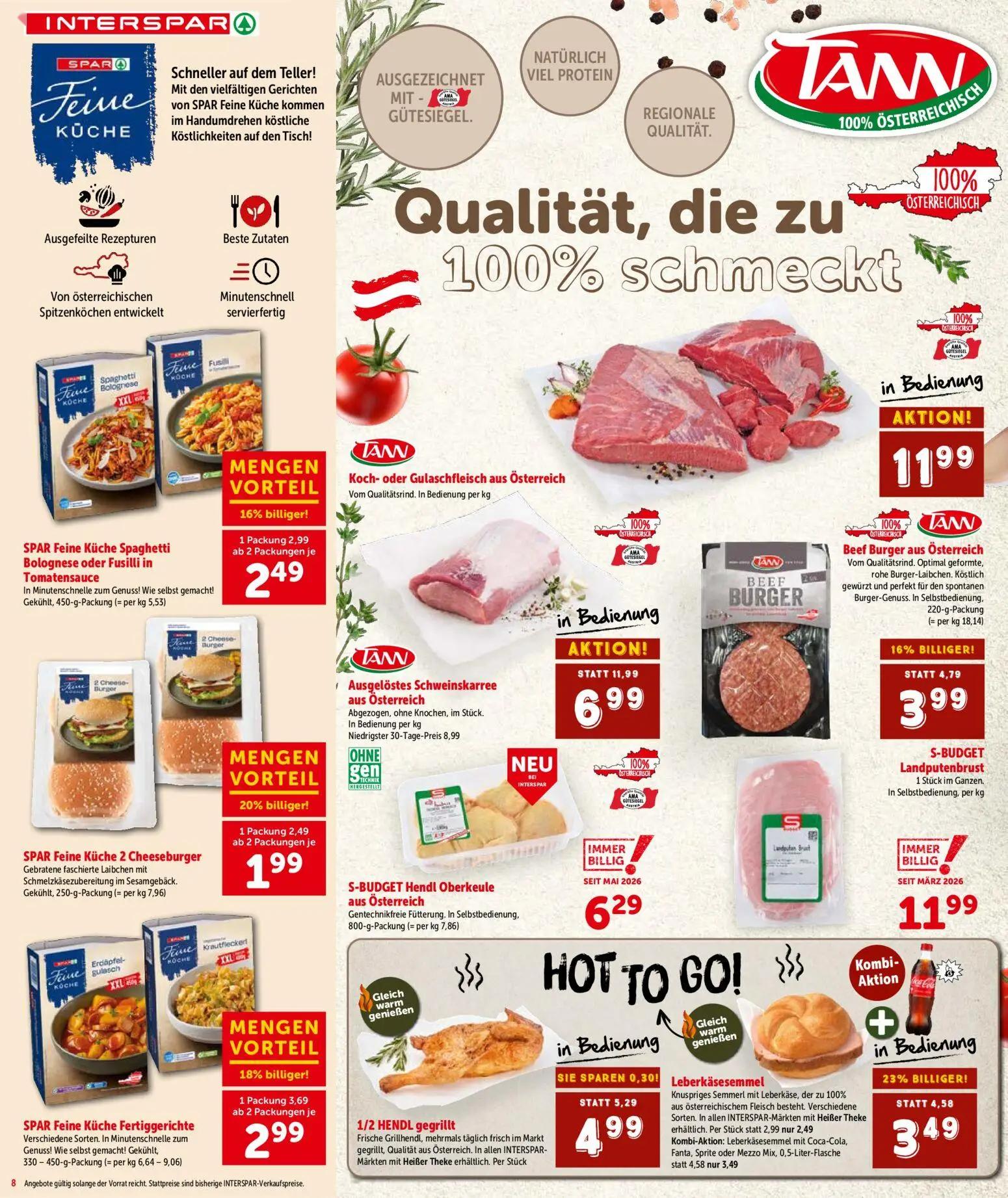Interspar Prospekt, Seite 8 von 20 — Ausgelöstes Schweinskarree aus Österreich, Leberkäsesemmel, Beef Burger aus Österreich
