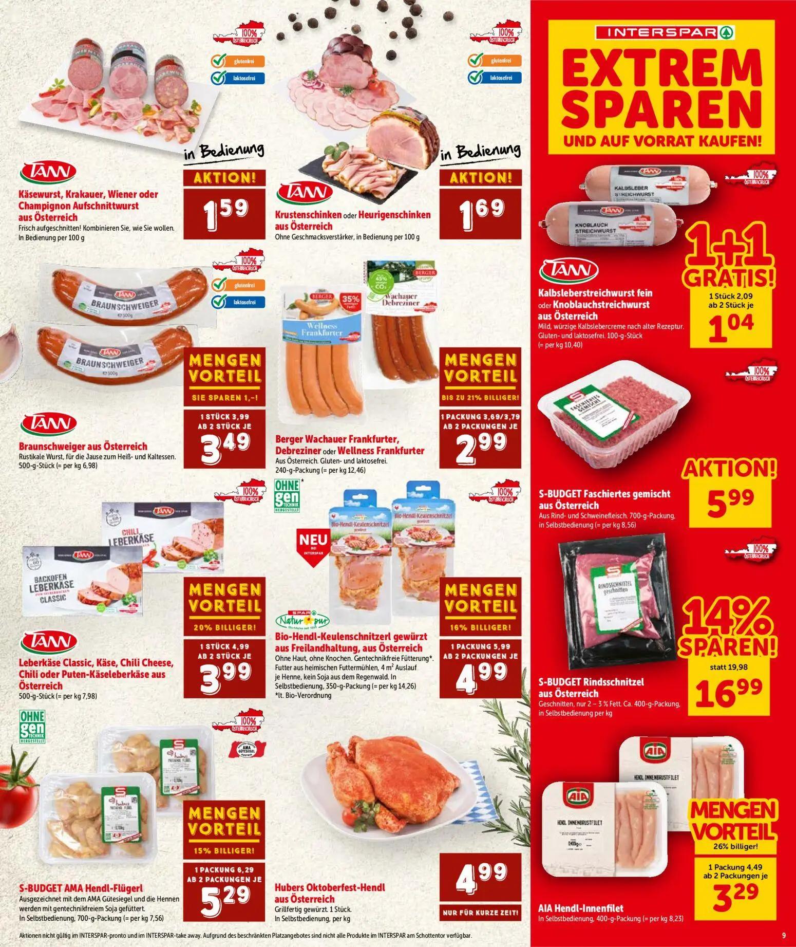 Interspar Prospekt, Seite 9 von 20 — S-BUDGET Rindsschnitzel, AIA Hendl-Innenfilet, Kalbsleberstreichwurst fein oder Knoblau…