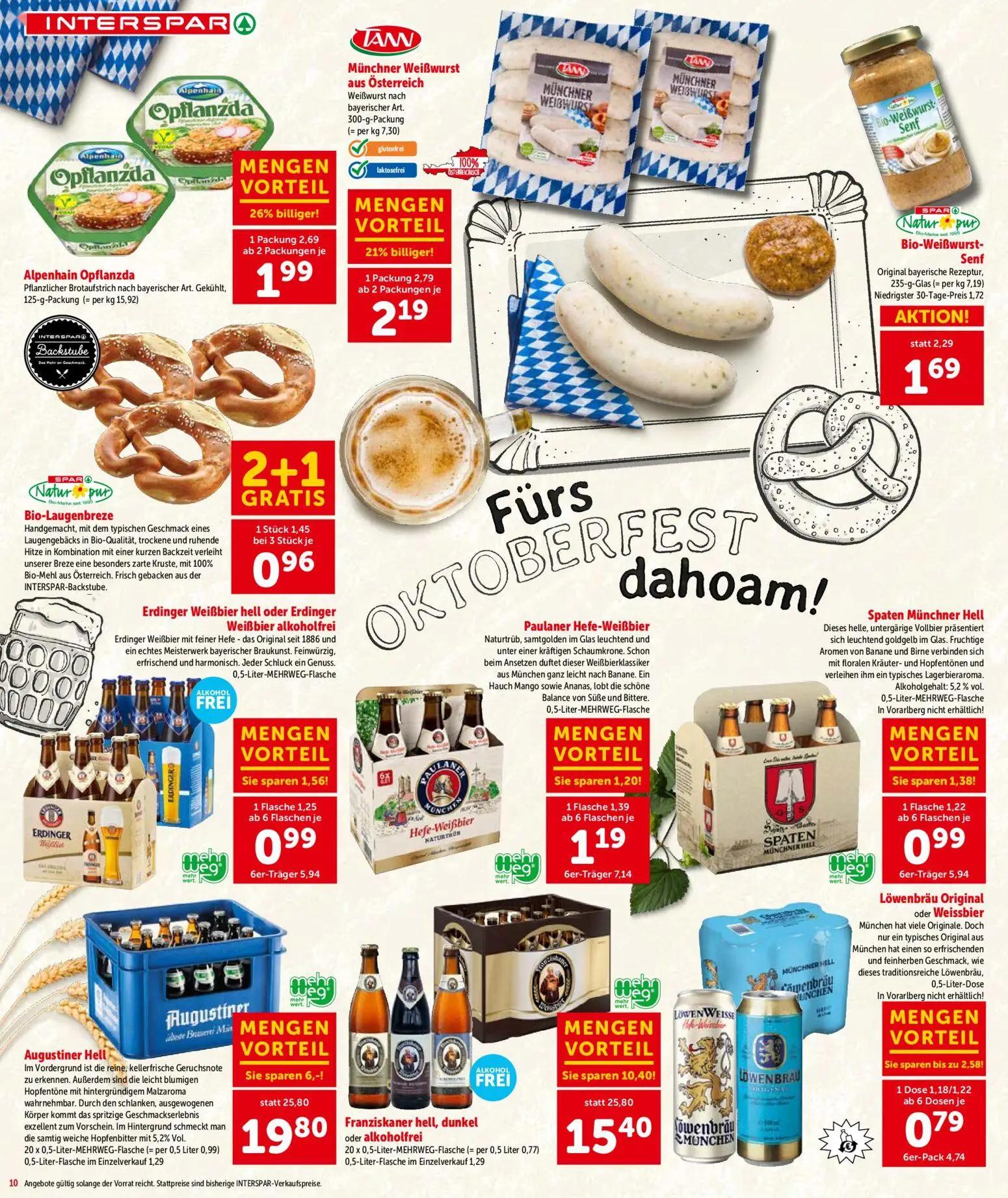 Interspar Prospekt, Seite 10 von 20 — Franziskaner hell, dunkel oder alkoholfrei, Augustiner Hell, Alpenhain Opflanzda