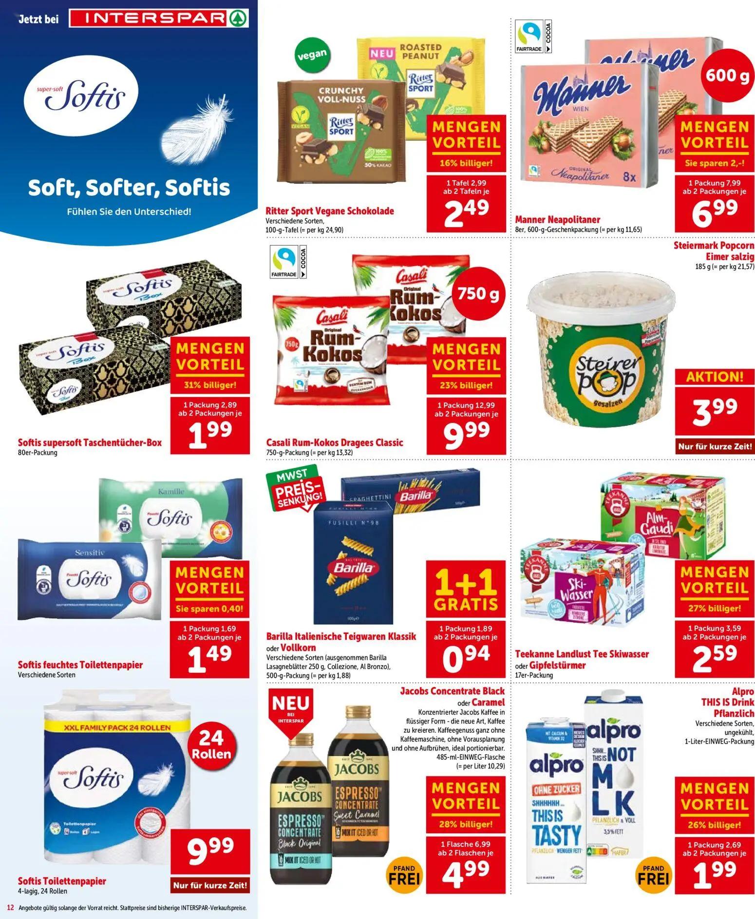 Interspar Prospekt, Seite 12 von 20 — Casali Rum-Kokos Dragees Classic, Jacobs Concentrate Black oder Caramel, Manner Neapol…