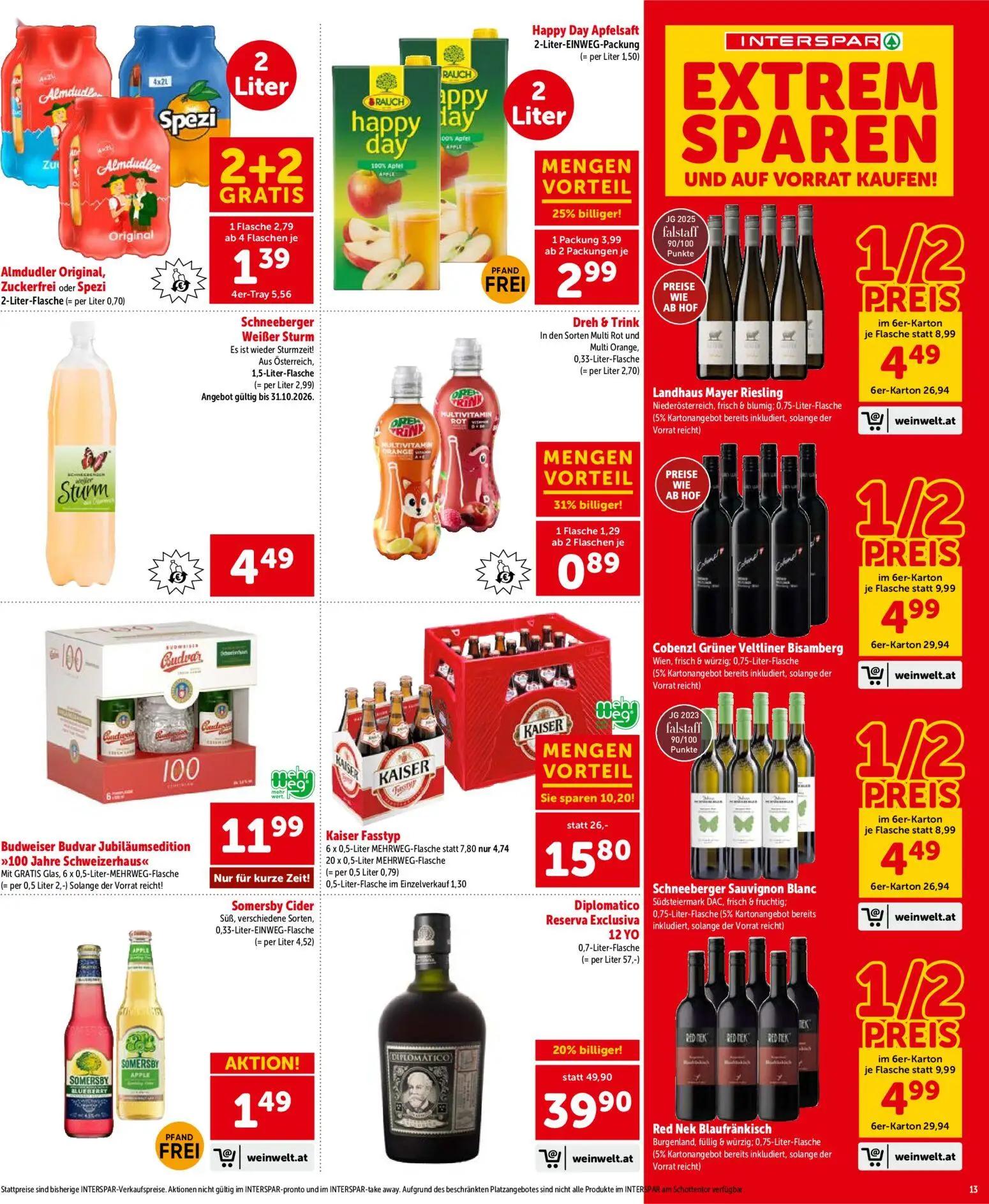 Interspar Prospekt, Seite 13 von 20 — Kaiser Fasstyp, Diplomatico Reserva Exclusiva 12 YO, Cobenzl Grüner Veltliner Bisamberg