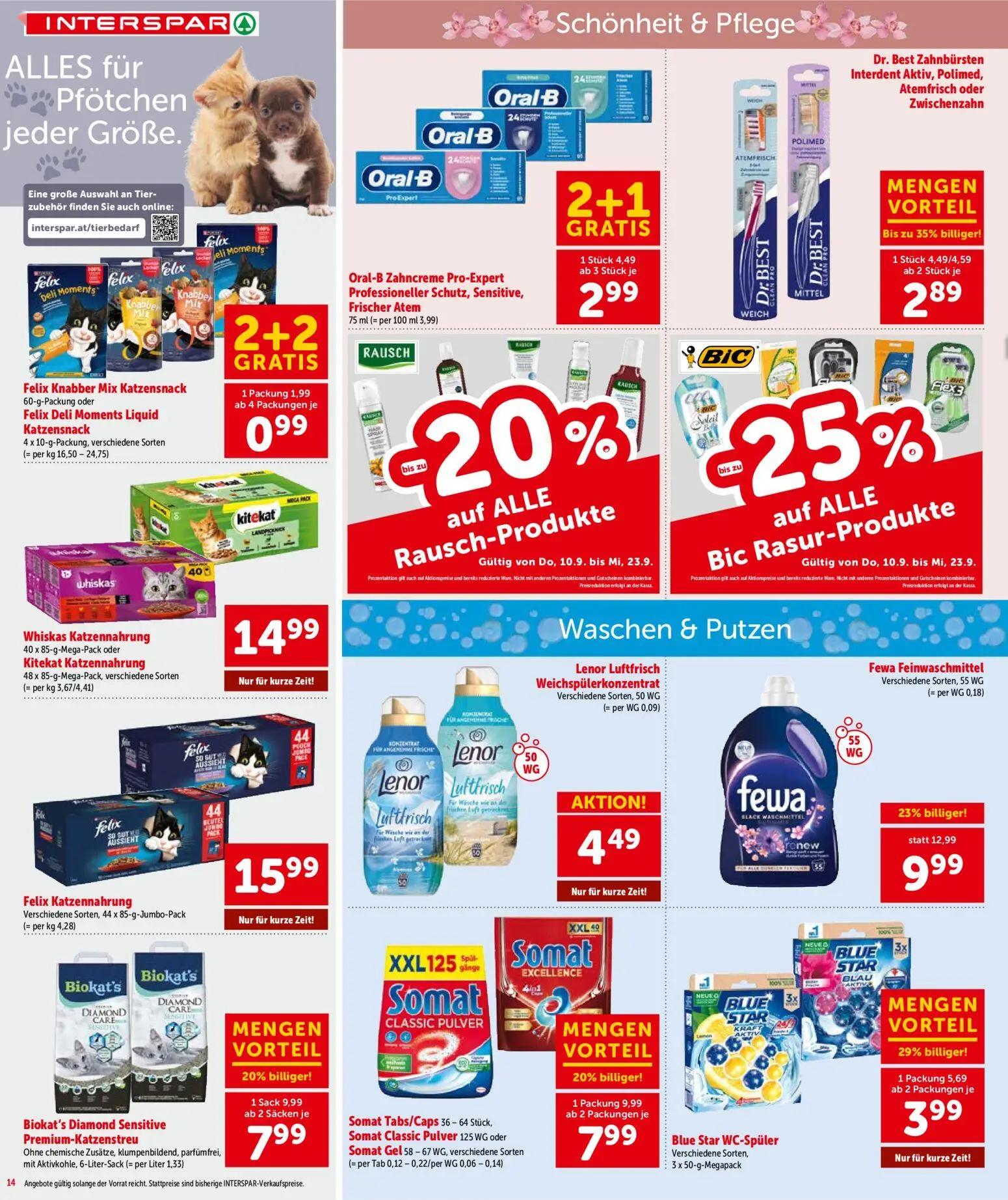 Interspar Prospekt, Seite 14 von 20 — Fewa Feinwaschmittel, Biokat's Diamond Sensitive Premium-Katzenstreu, Somat Tabs/Caps