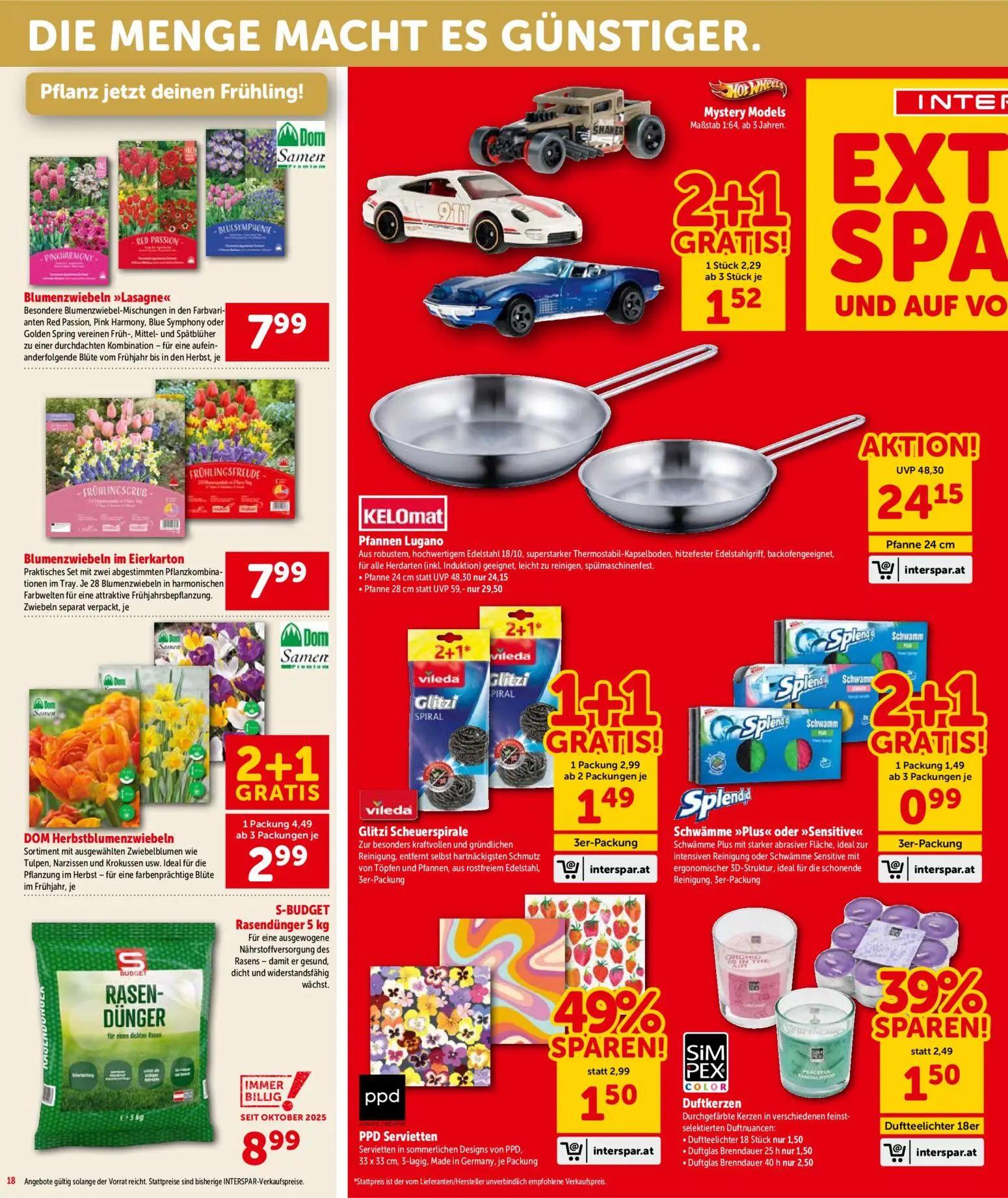 Interspar Prospekt, Seite 18 von 20 — Pfannen Lugano, Glitzi Scheuerspirale, DOM Herbstblumenzwiebeln