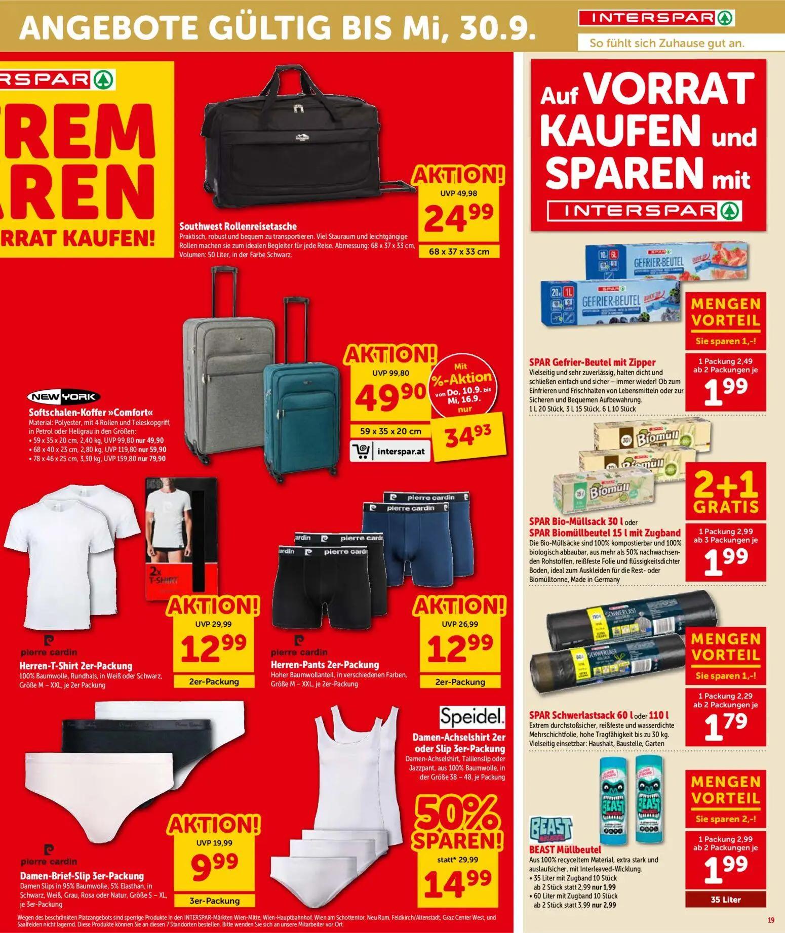 Interspar Prospekt, Seite 19 von 20 — NEW YORK Softschalen-Koffer »Comfort«, Southwest Rollenreisetasche, pierre cardin Herr…