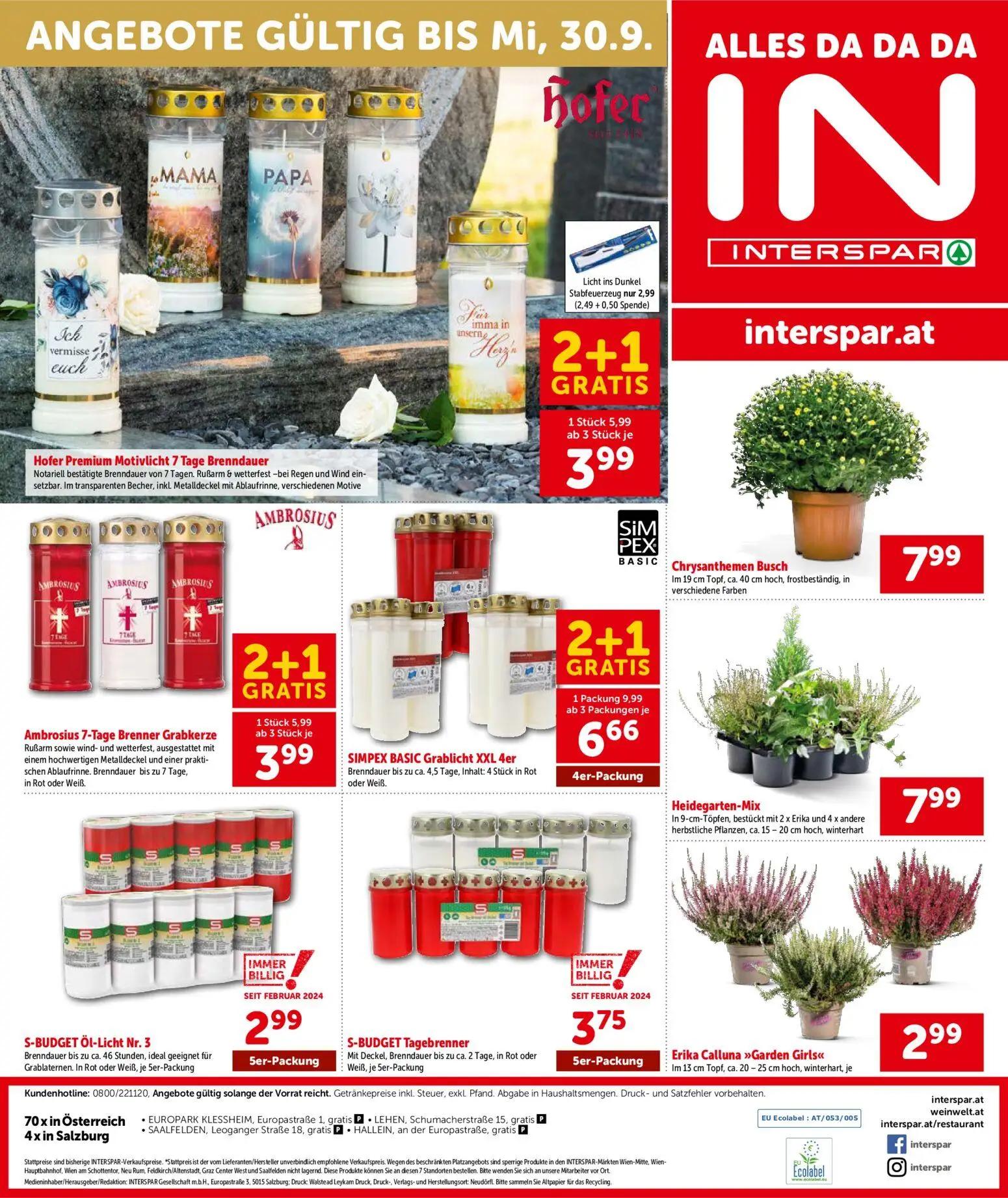 Interspar Prospekt, Seite 20 von 20 — SIMPEX BASIC Grablicht XXL 4er, Hofer Premium Motivlicht 7 Tage Brenndauer, Ambrosius …
