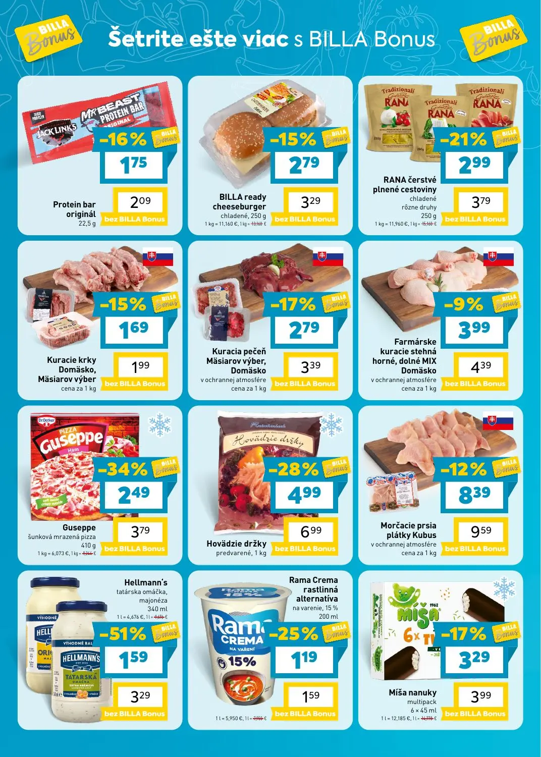 Billa leták, strana 2 z 8 — Hovädzie držky predvarené, Hellmann's tatárska omáčka, majonéza, Guseppe šunková mrazená pizza