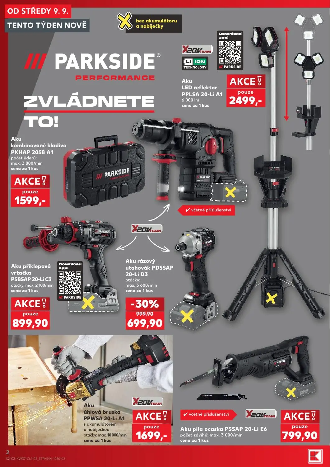 Kaufland leták, strana 2 z 18 — Aku rázový utahovák PDSSAP 20-Li D3, Aku kombinované kladivo PKHAP 2058 A1, Aku LED reflekto…