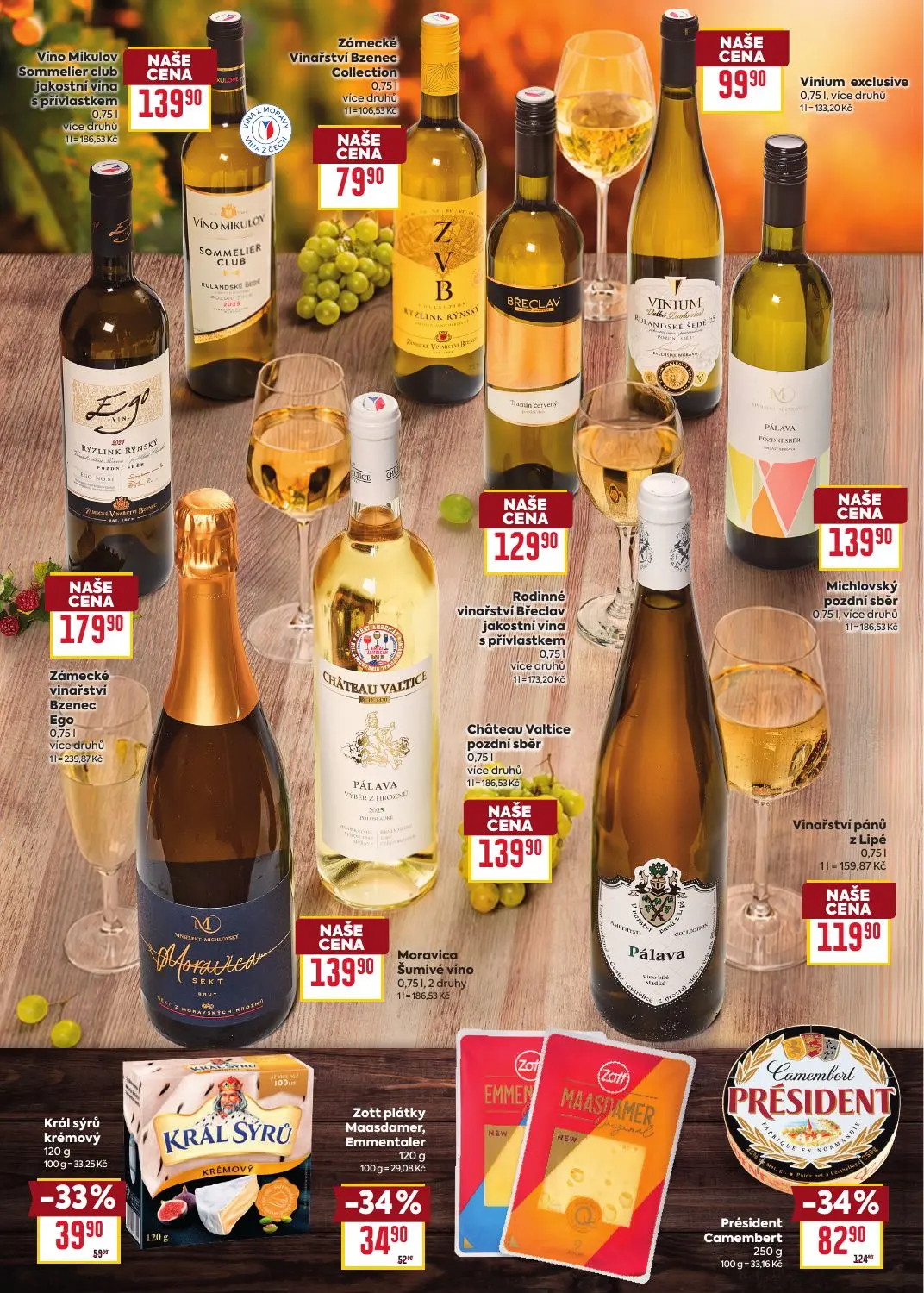 Billa leták, strana 2 z 24 — Président Camembert, Král sýrů krémový, Zott plátky Maasdamer, Emmentaler