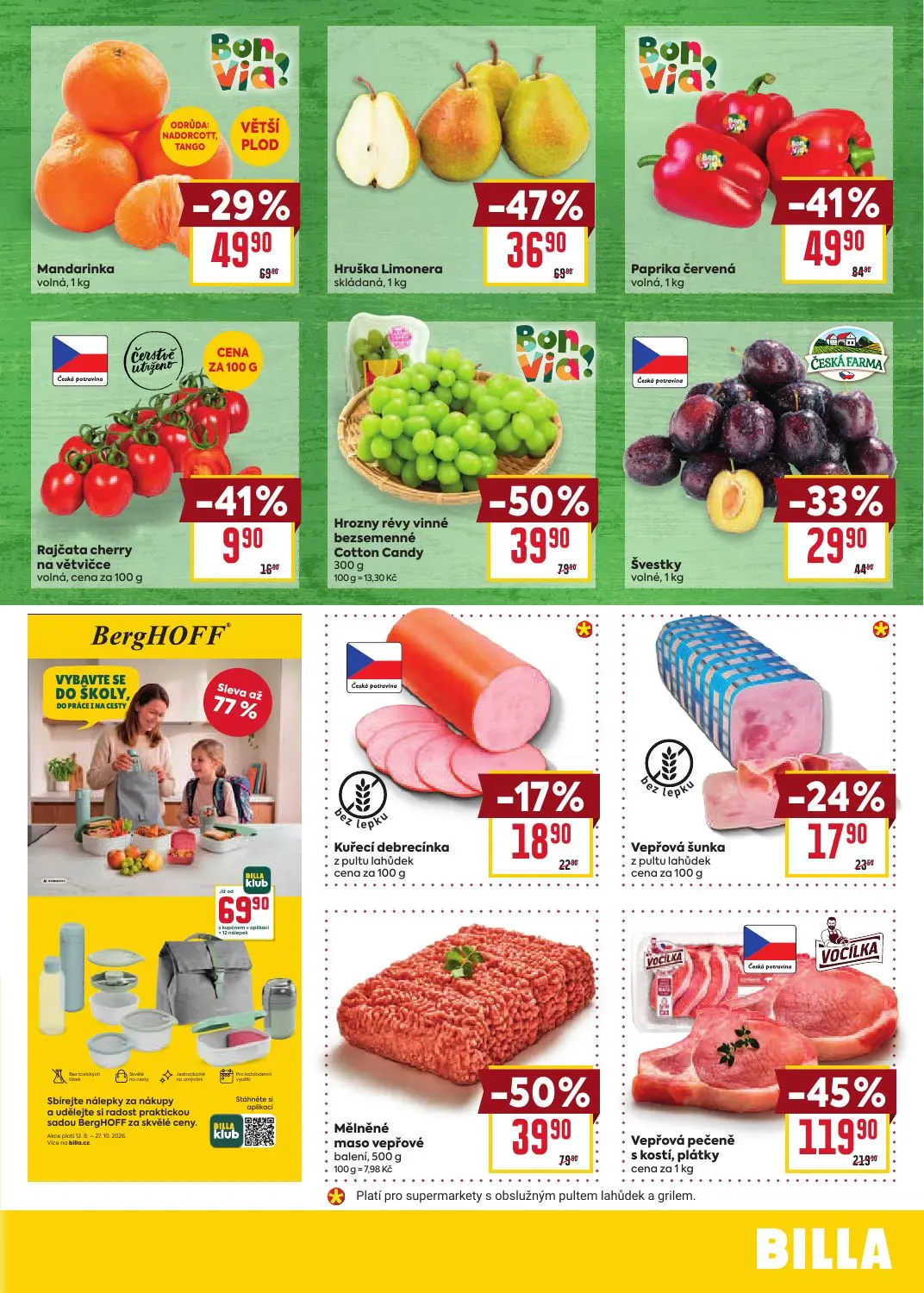 Billa leták, strana 3 z 8 — Vepřová pečeně s kostí, plátky, Hrozny révy vinné bezsemenné Cotton Candy, Mělněné maso vepřové