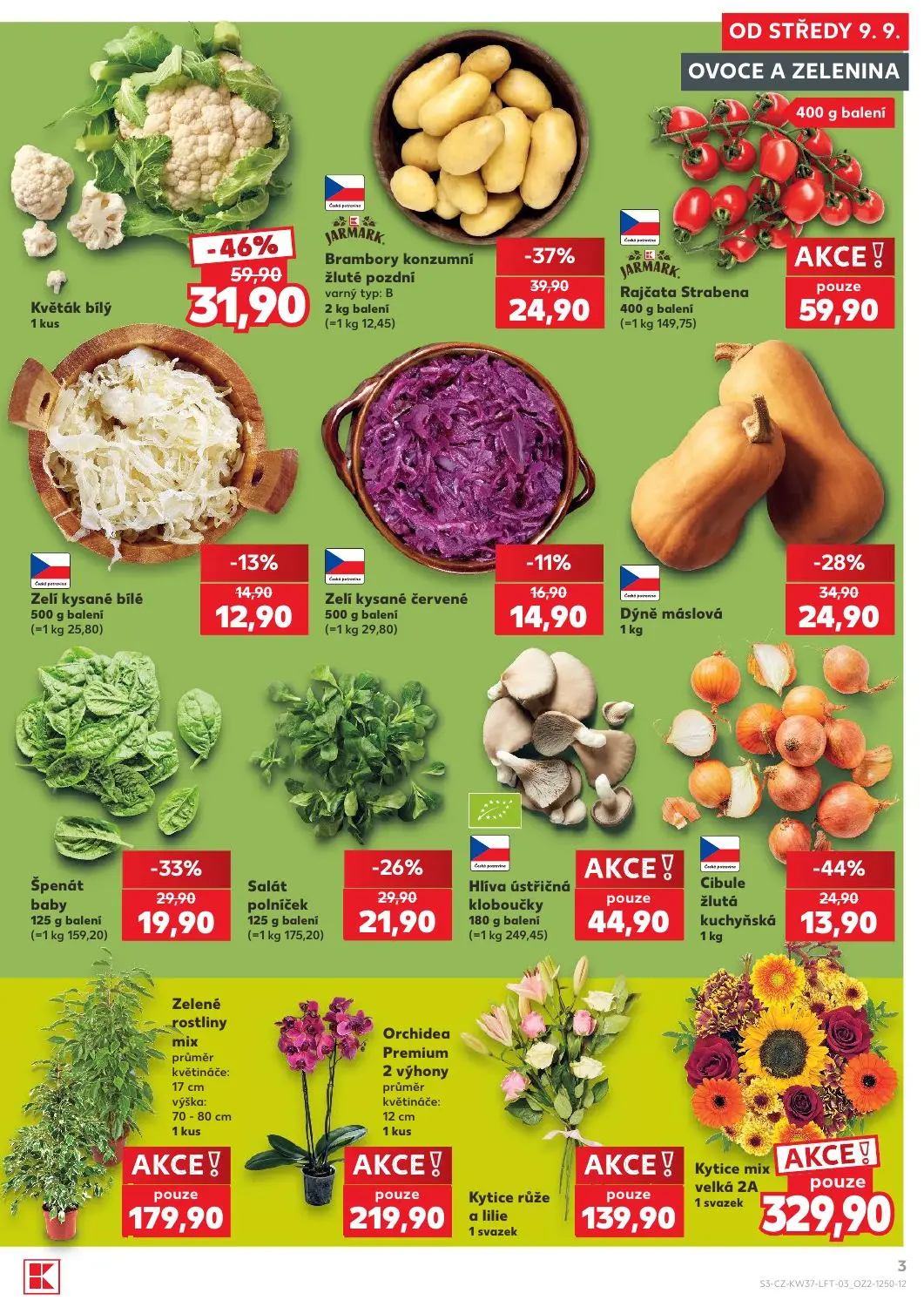 Kaufland leták, strana 3 z 52 — Květák bílý, Brambory konzumní žluté pozdní varný typ: B, Cibule žlutá kuchyňská