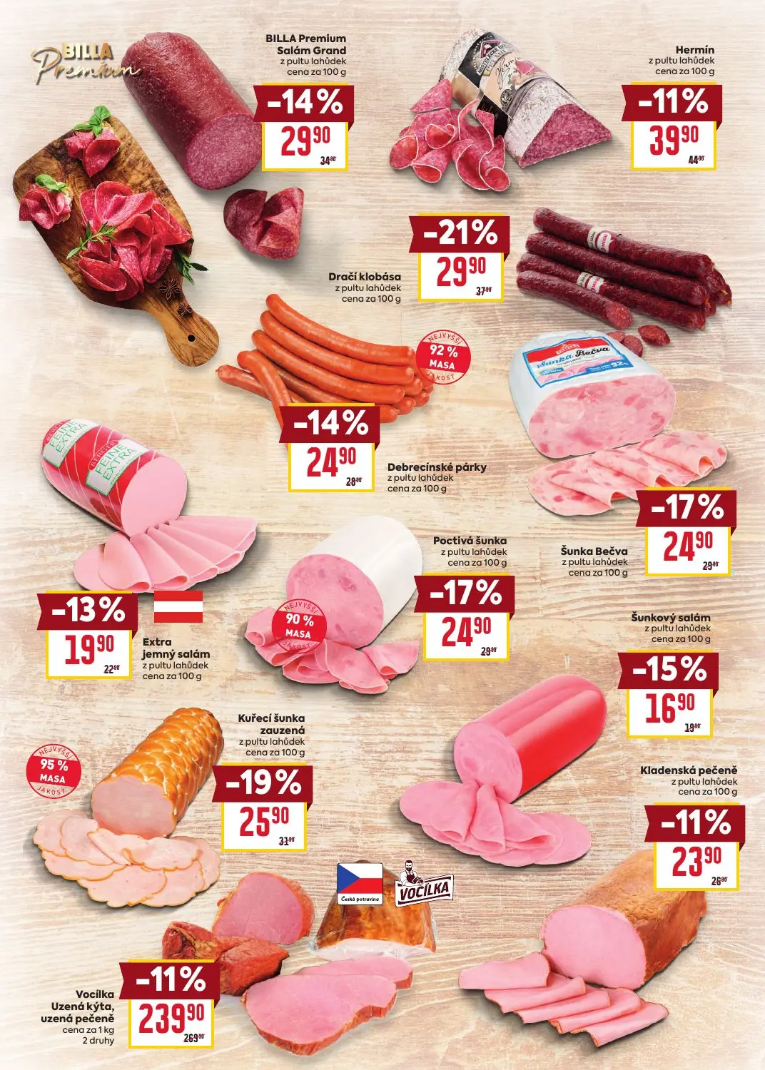 Billa leták, strana 4 z 24 — Vocílka Uzená kýta, uzená pečeně, Dračí klobása, Kuřecí šunka zauzená