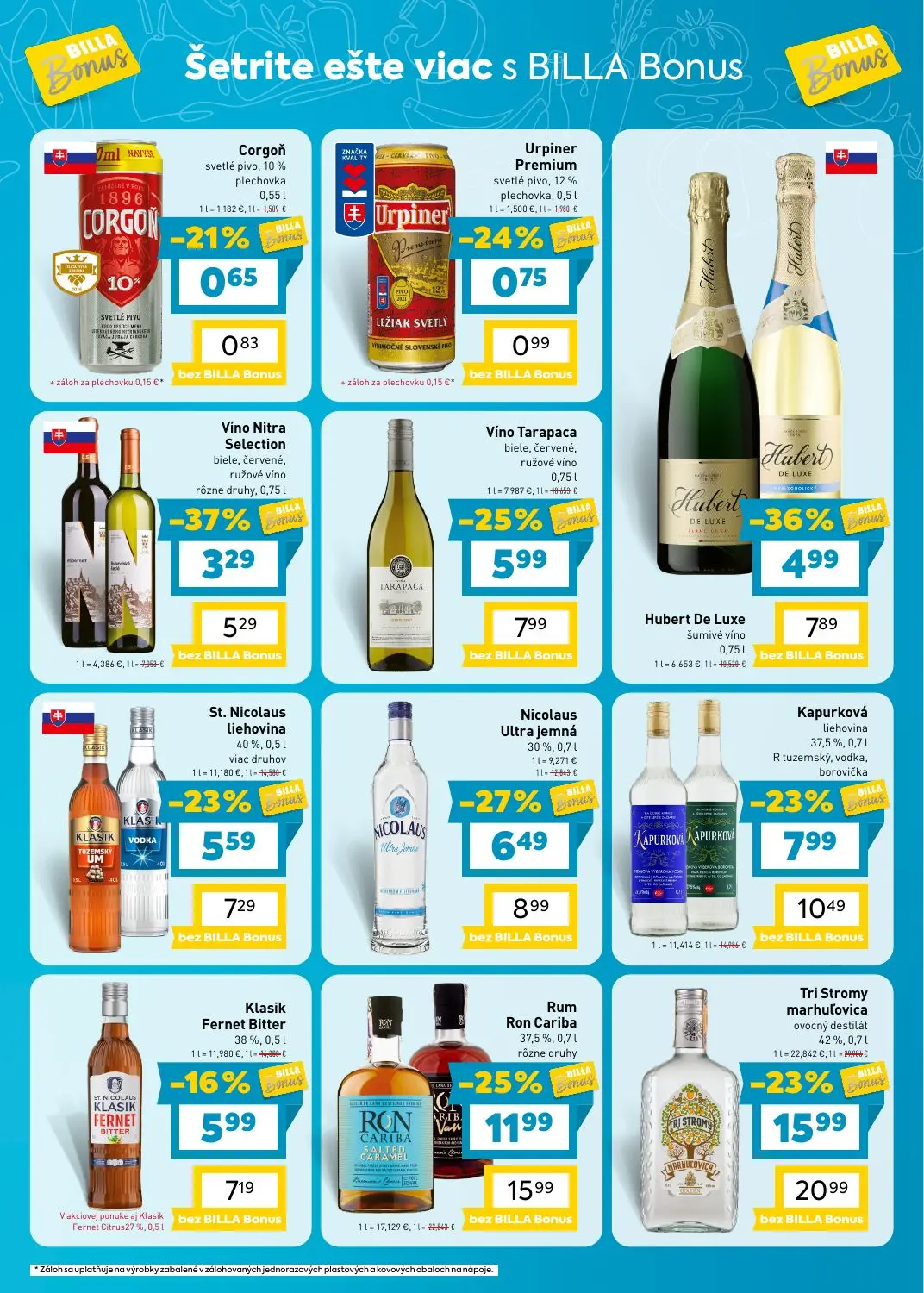 Billa leták, strana 7 z 8 — Tri Stromy marhuľovica ovocný destilát, Rum Ron Cariba, Hubert De Luxe šumivé víno