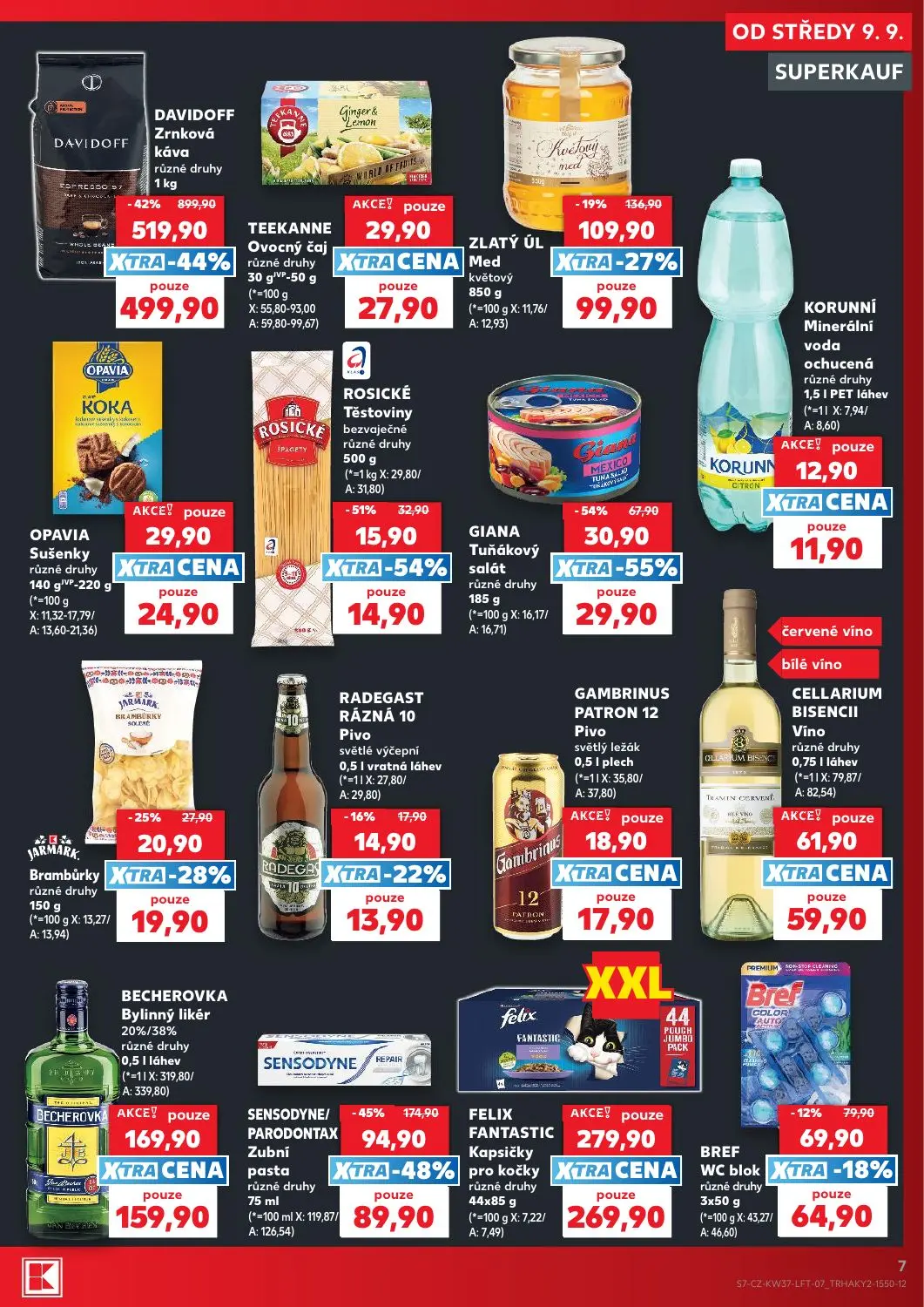 Kaufland leták, strana 7 z 52 — DAVIDOFF Zrnková káva, SENSODYNE/ PARODONTAX Zubní pasta, JARMARK Brambůrky