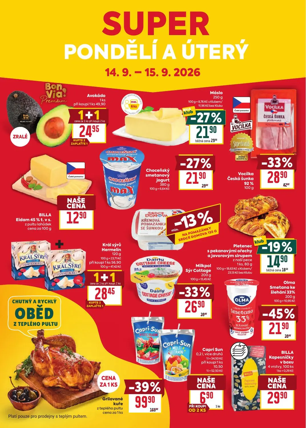 Billa leták, strana 8 z 8 — Grilované kuře z teplého pultu, Olma Smetana ke šlehání 33%, Vocilka Česká šunka